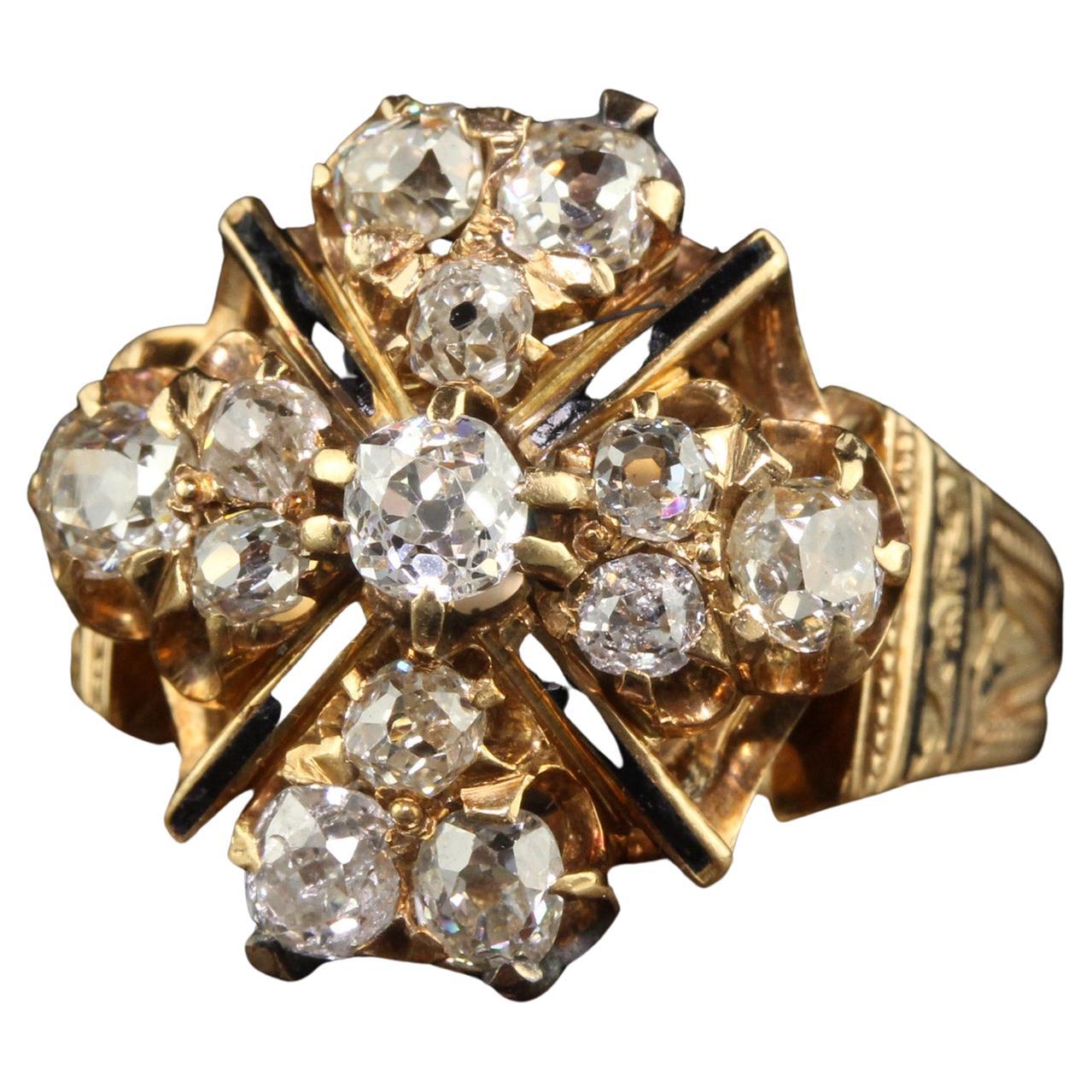 Antiker viktorianischer Cocktailring aus 18 Karat Gelbgold mit Diamanten im alten Minenschliff und Emaille