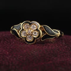Antique Victorian 18k Yellow Gold Old Mine Cut Diamond Black Enamel Flower Ring