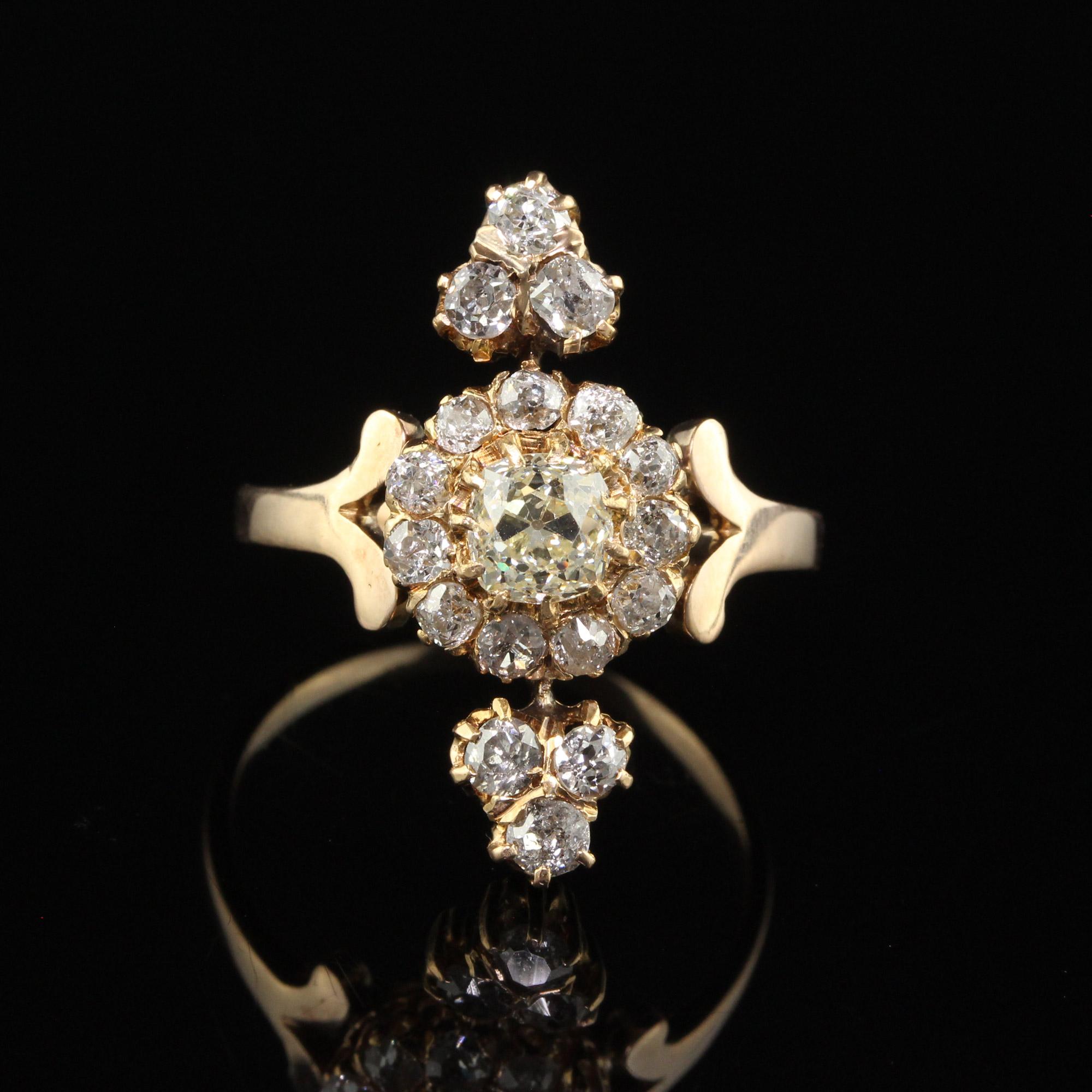Women's Antique Victorian 18K Yellow Gold Old Mine Cut Diamond Cluster Cocktail Ring For Sale