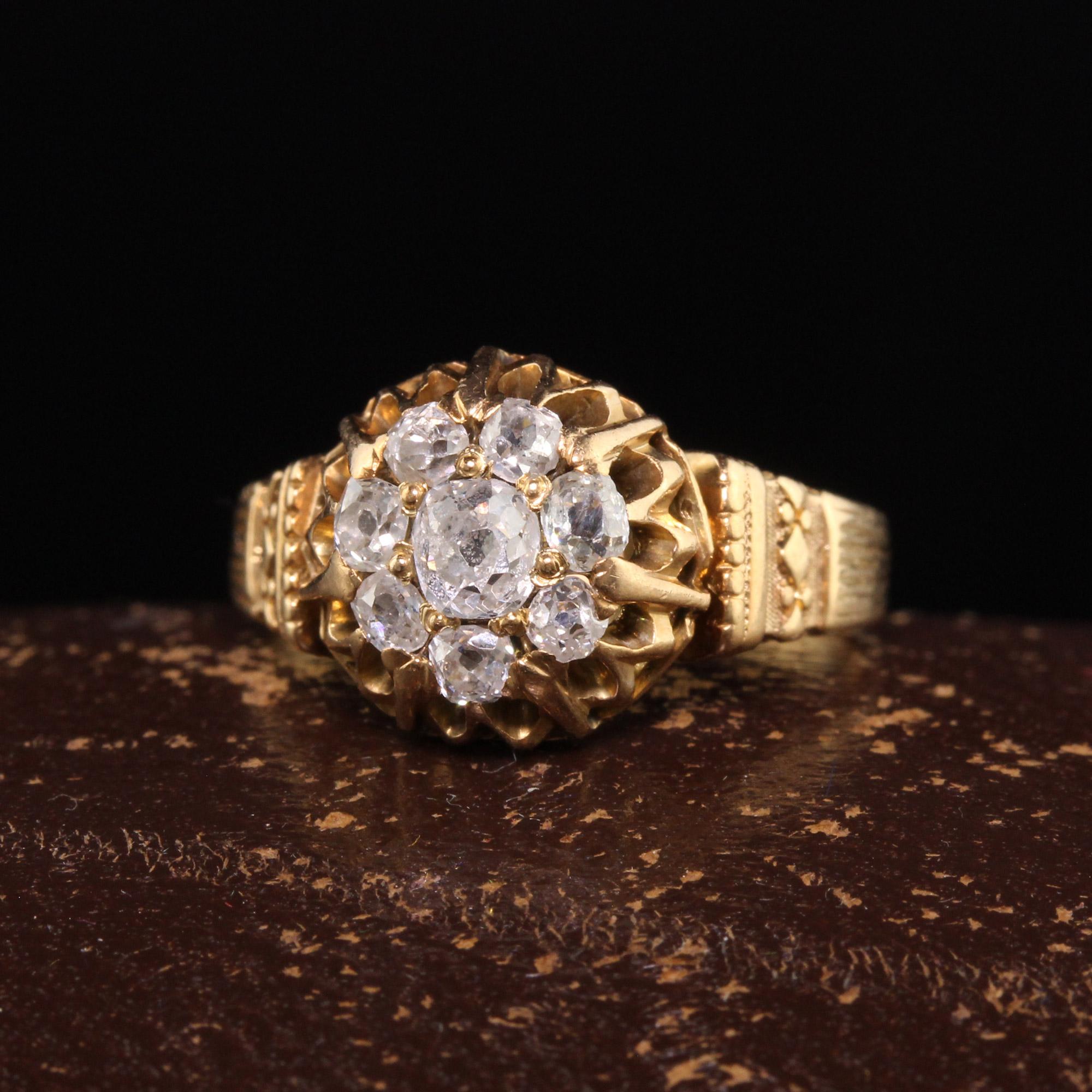 Beautiful Antique Victorian 18K Yellow Gold Old Mine Cut Diamond Cluster Ring. This beautiful Victorian ring is crafted in 18K yellow gold and has old mine cut diamonds on the top of the ring.

Item #R1223

Metal: 18K Yellow Gold

Weight: 3.5