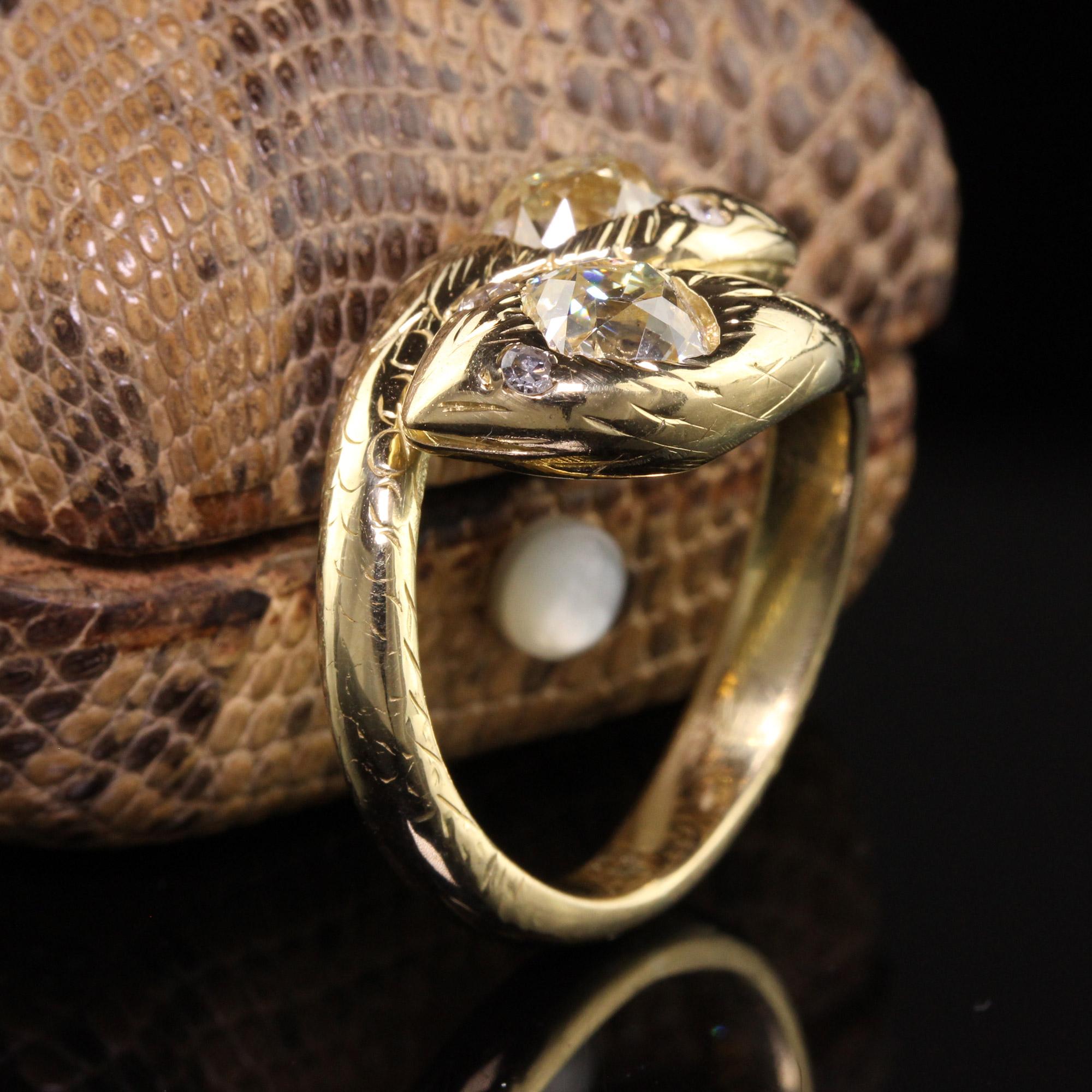 Women's Antique Victorian 18k Yellow Gold Old Mine Cut Diamond Double Snake Ring For Sale
