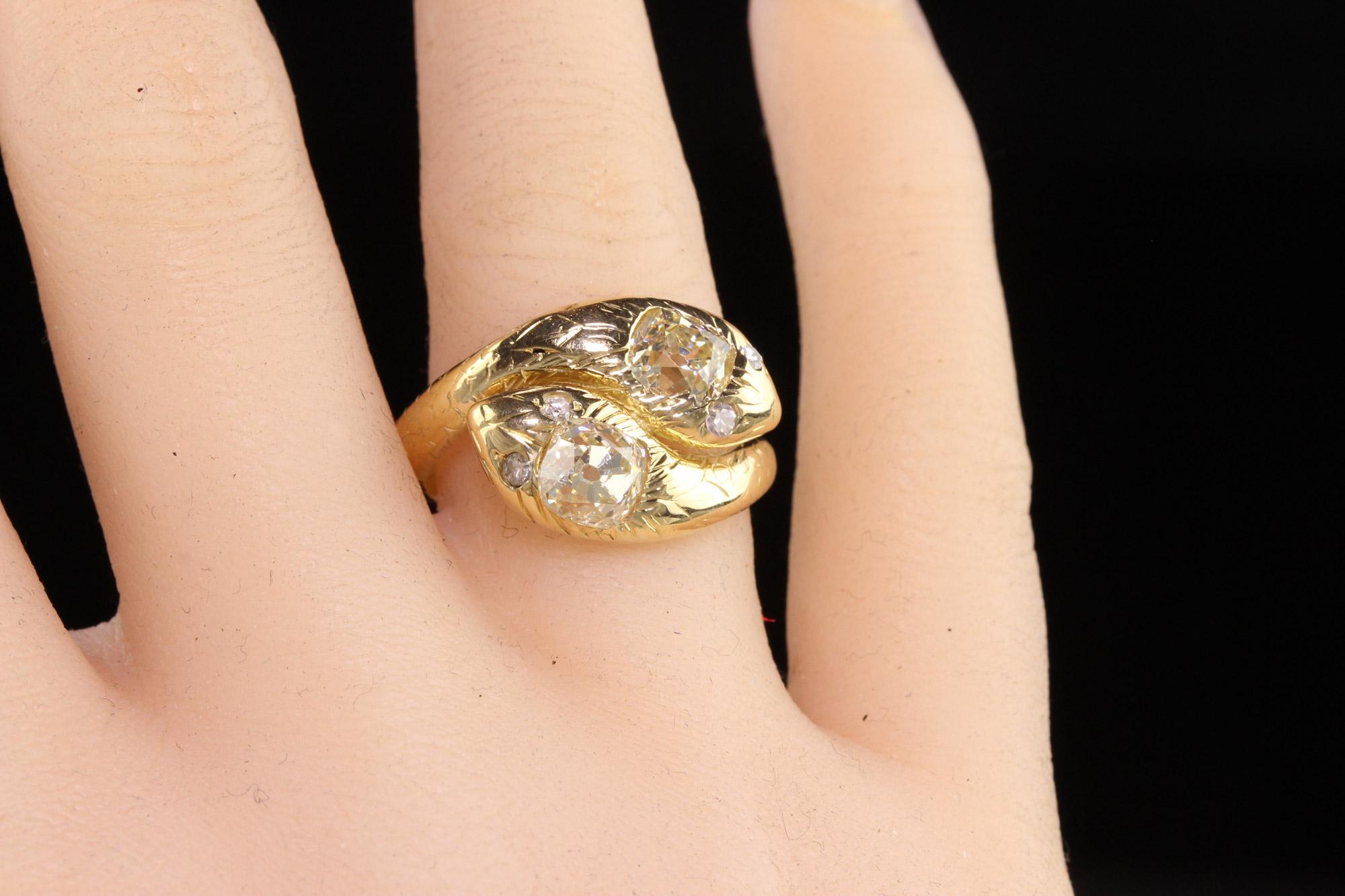 Antique Victorian 18k Yellow Gold Old Mine Cut Diamond Double Snake Ring For Sale 4