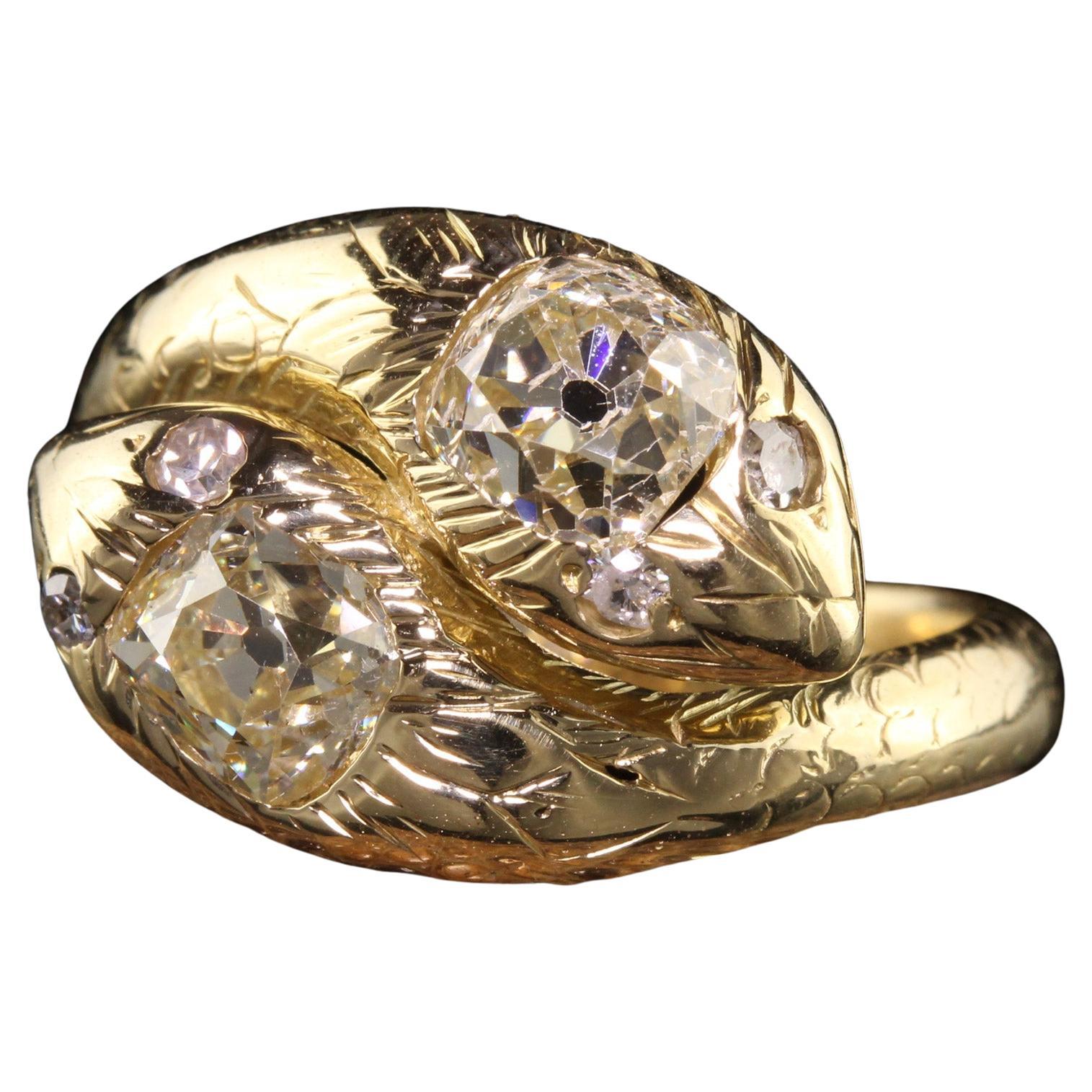 Antique Victorian 18k Yellow Gold Old Mine Cut Diamond Double Snake Ring For Sale
