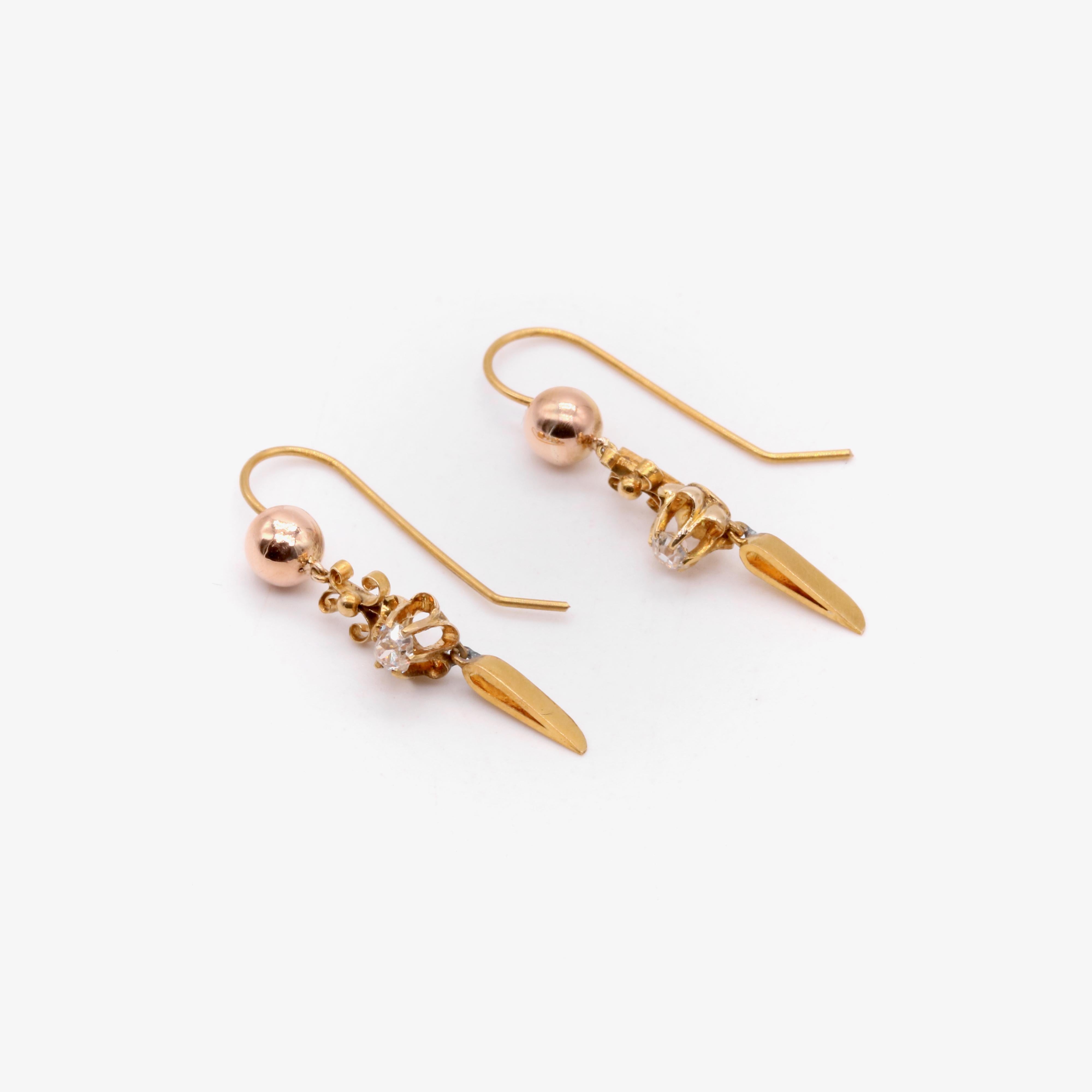 Women's or Men's Antique Victorian 18K Yellow Gold Old Mine Cut Diamond Drop Earrings For Sale