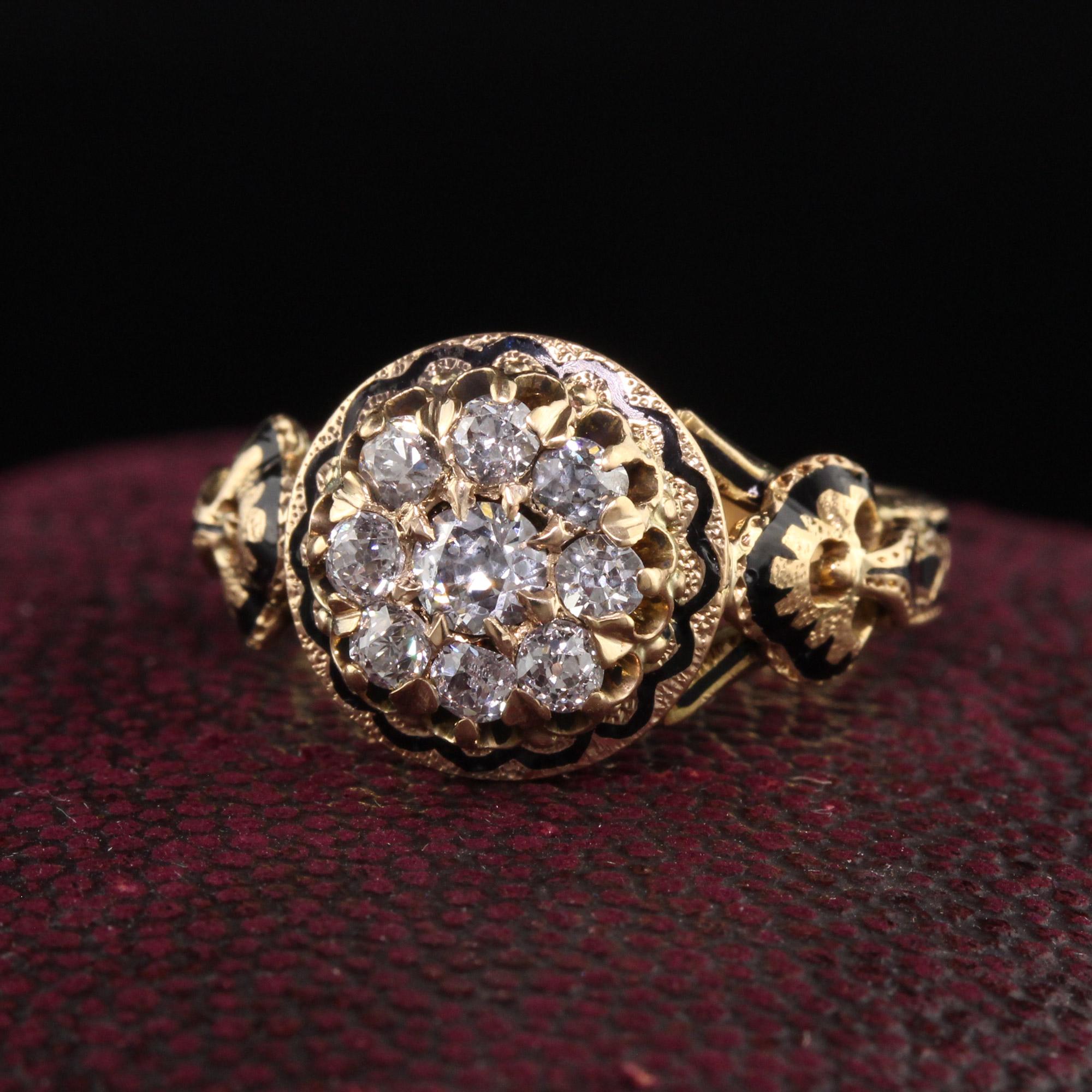 Beautiful Antique Victorian 18K Yellow Gold Old Mine Cut Diamond Enamel Cluster Ring. This amazing ring is crafted in 18k yellow gold. There are old mine cut diamond on top of a gorgeous enamel Victorian mounting.

Item #R1243

Metal: 18K Yellow