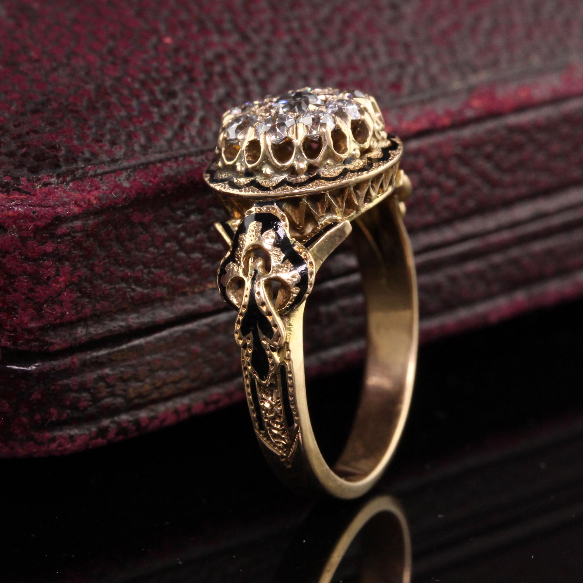 Antique Victorian 18K Yellow Gold Old Mine Cut Diamond Enamel Cluster Ring In Good Condition In Great Neck, NY