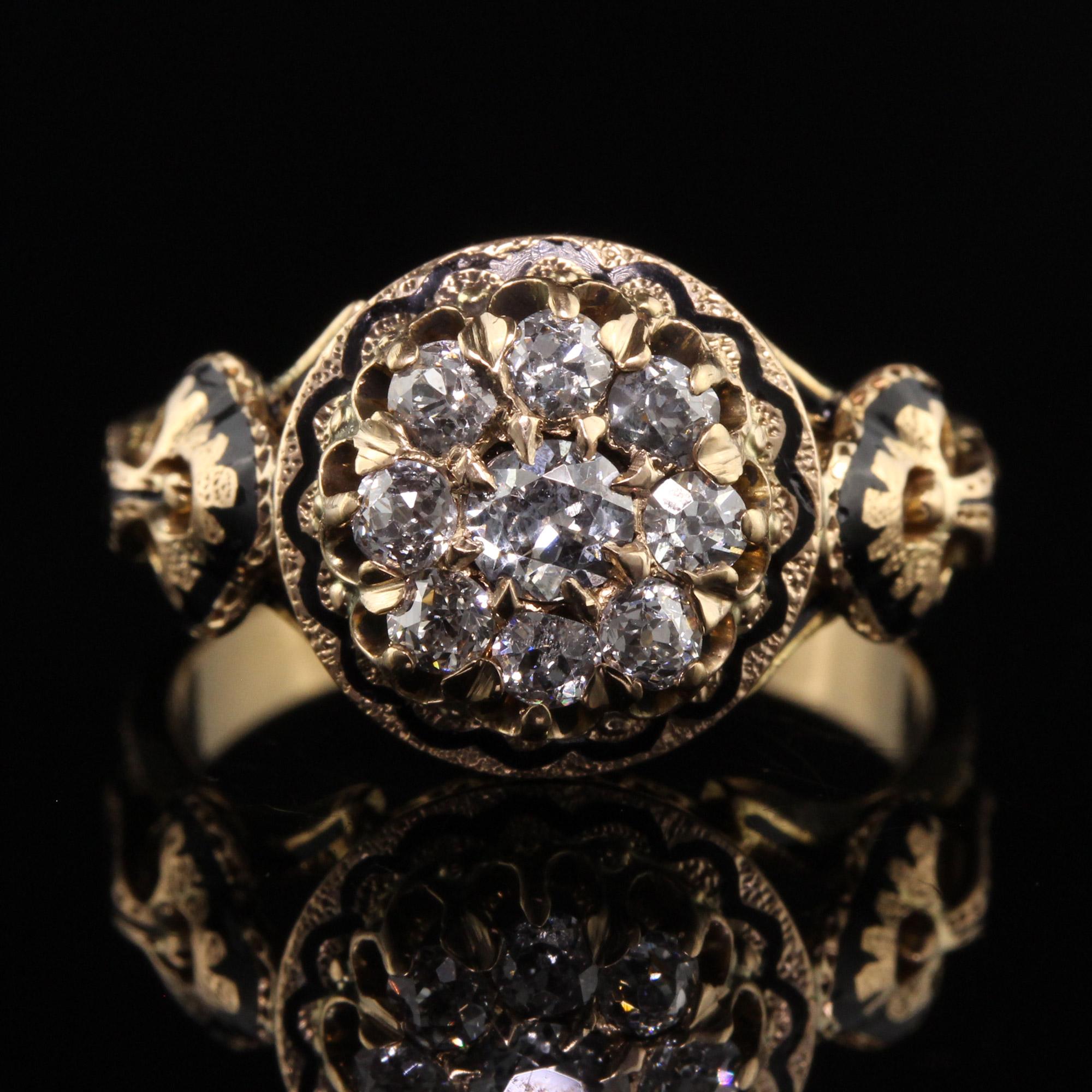 Women's Antique Victorian 18K Yellow Gold Old Mine Cut Diamond Enamel Cluster Ring