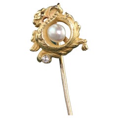 Antique Victorian 18K Yellow Gold Old Mine Cut Diamond Pearl Griffin Stickpin