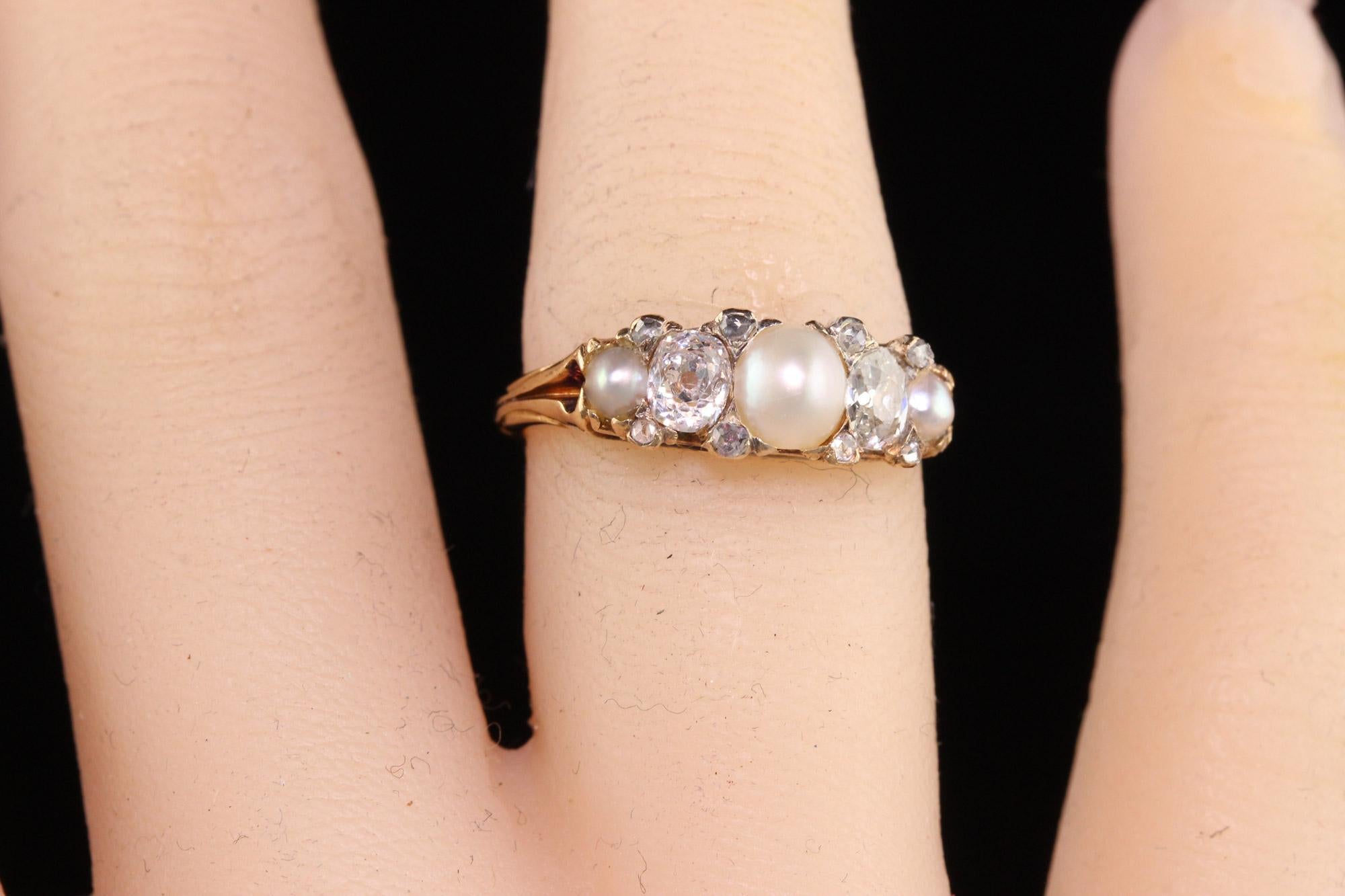 Antiker viktorianischer Diamantring aus 18 Karat Gelbgold mit natürlicher Perle im alten Minenschliff 3