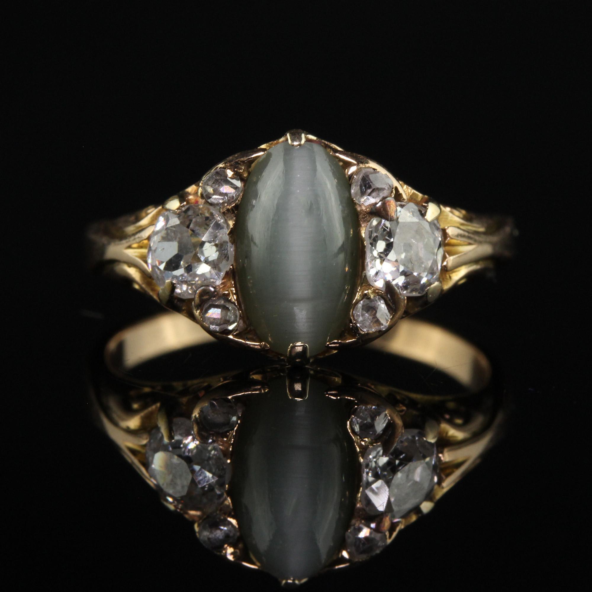 Women's Antique Victorian 18K Yellow Gold Old Mine Diamond and Cats Eye Chrysoberyl Ring For Sale