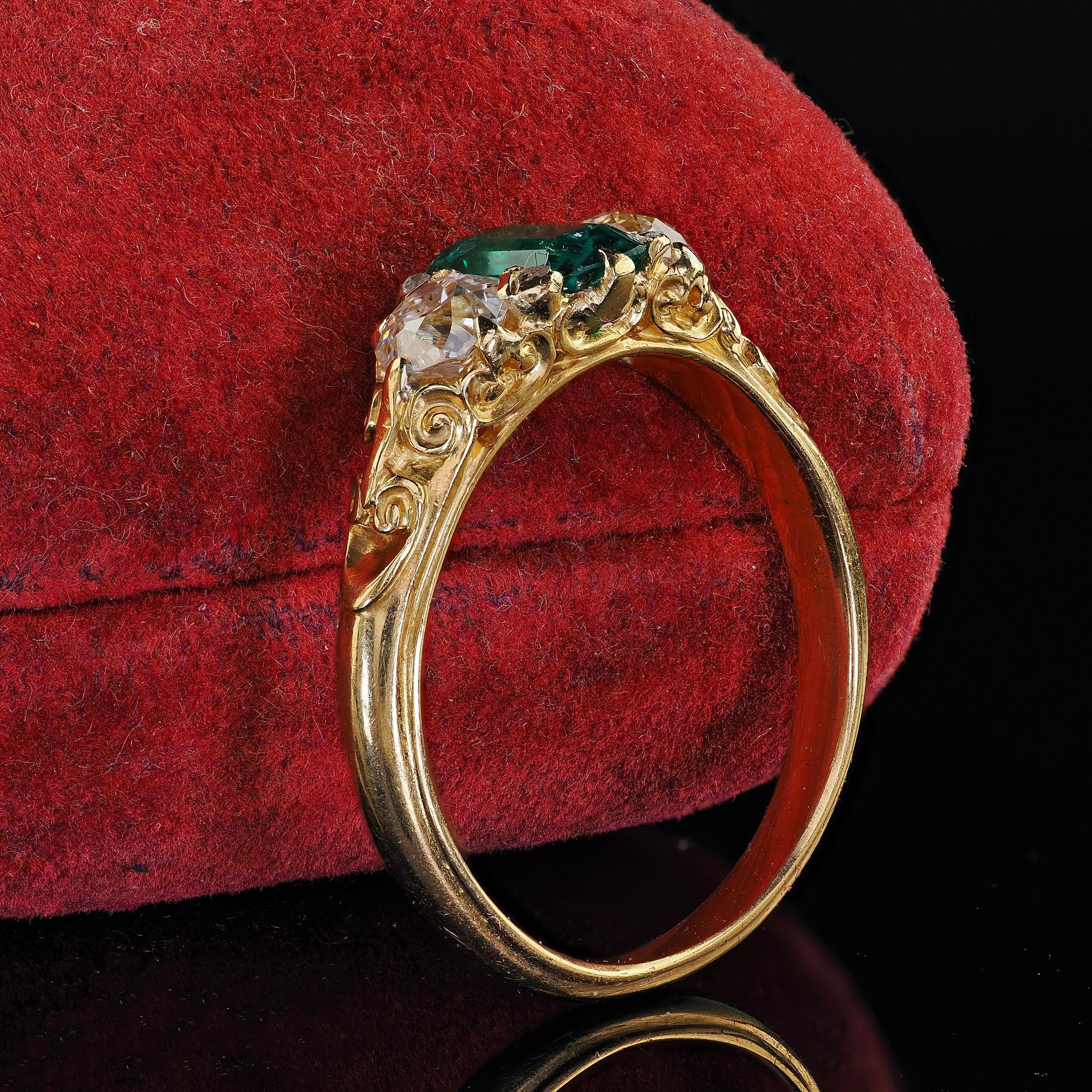 Emerald Cut Antique Victorian 18K Yellow Gold Old Mine Diamond and Colombian Emerald Ring For Sale