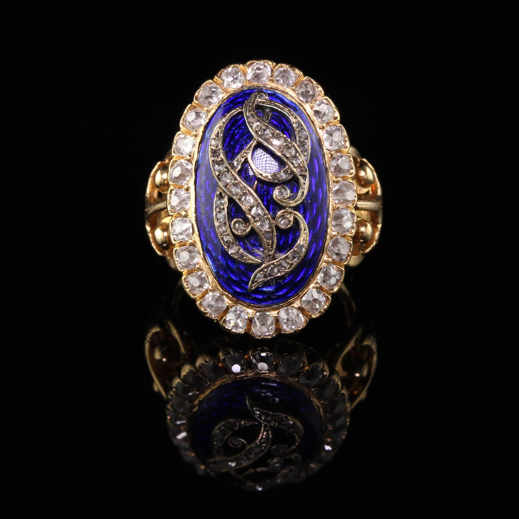 Old Mine Cut Antique Victorian 18 Karat Yellow Gold Old Mine Diamond and Enamel Cocktail Ring