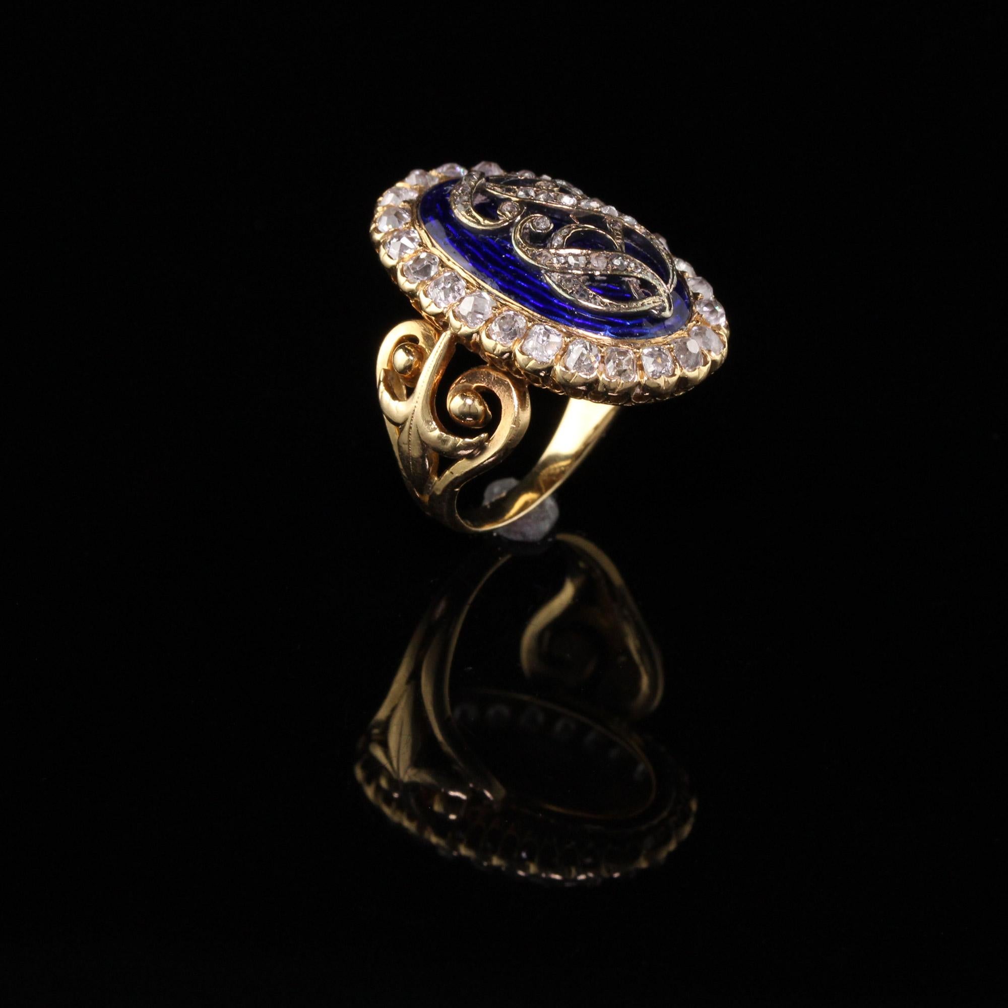 Women's Antique Victorian 18 Karat Yellow Gold Old Mine Diamond and Enamel Cocktail Ring