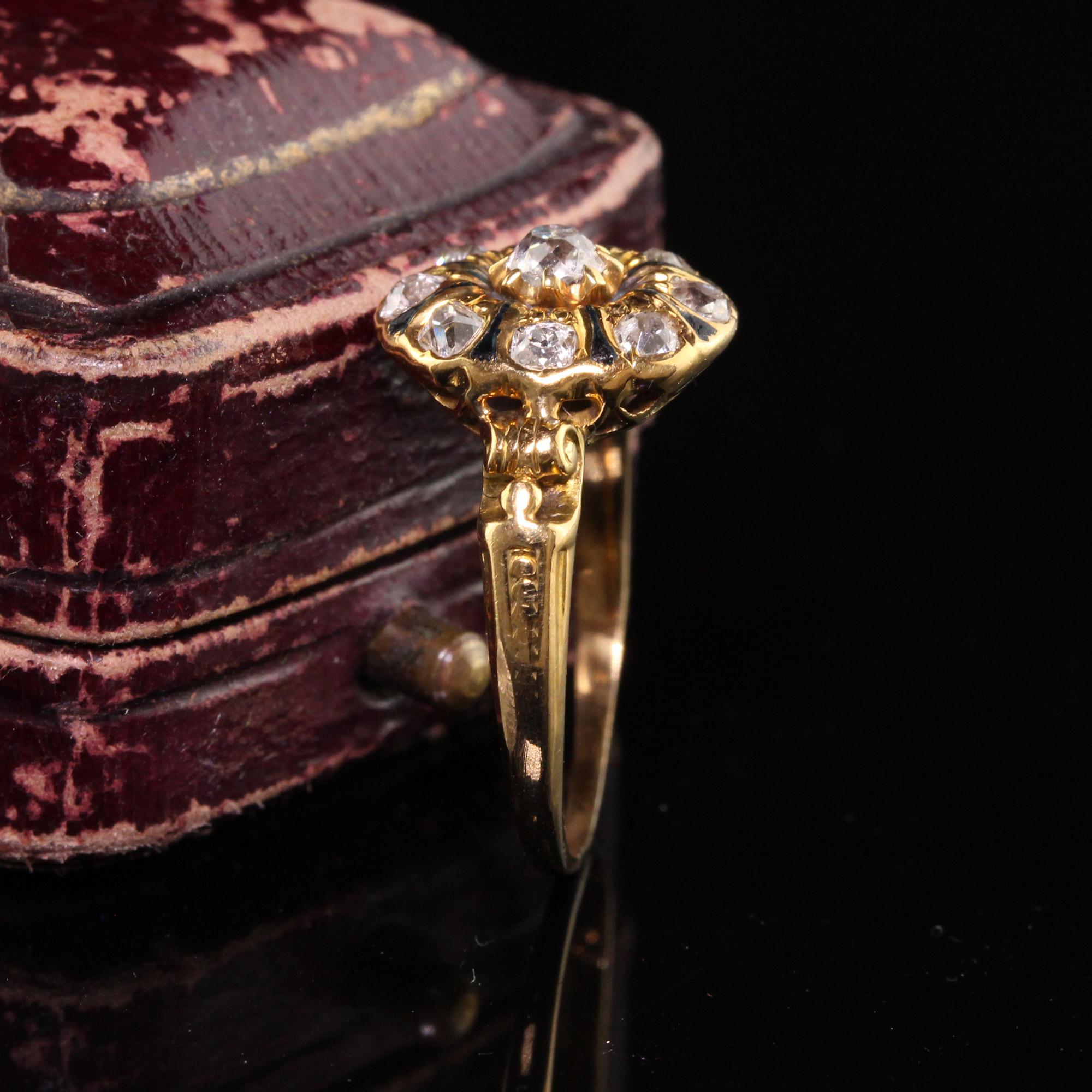 Antiker viktorianischer Verlobungsring aus 18 Karat Gelbgold mit Diamant und Emaille im alten Minenschliff (Viktorianisch)