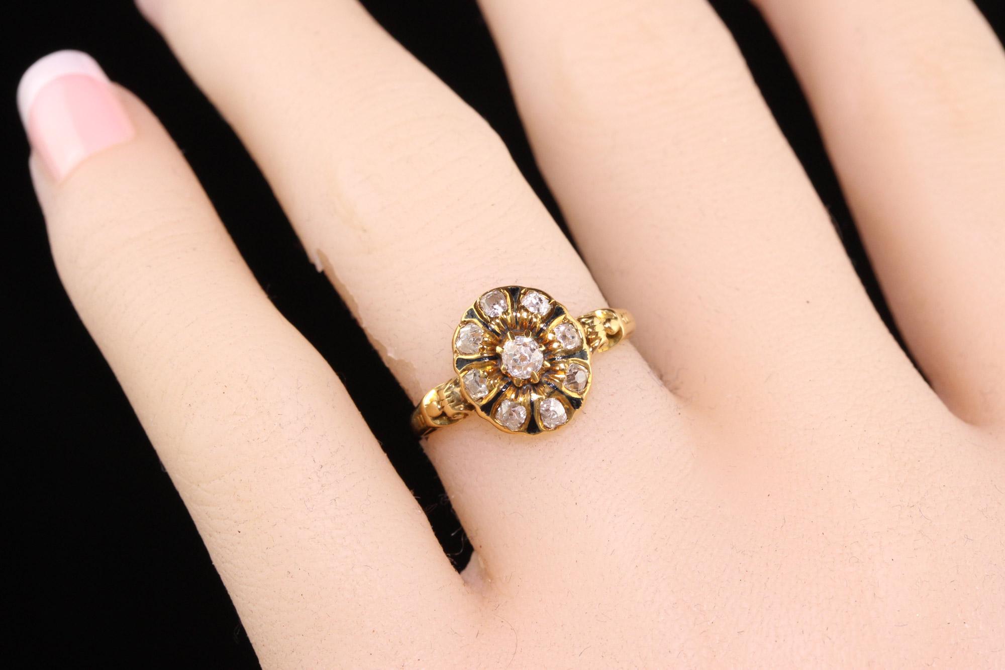 Antiker viktorianischer Verlobungsring aus 18 Karat Gelbgold mit Diamant und Emaille im alten Minenschliff 1