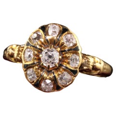 Antique Victorian 18K Yellow Gold Old Mine Diamond and Enamel Engagement Ring
