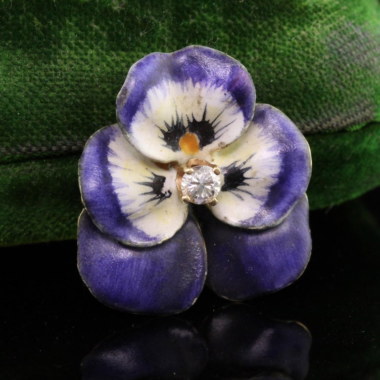 Vintage Estate 18K Yellow Gold Old Mine Diamond and Enamel Pansy Pendant For Sale at 1stDibs