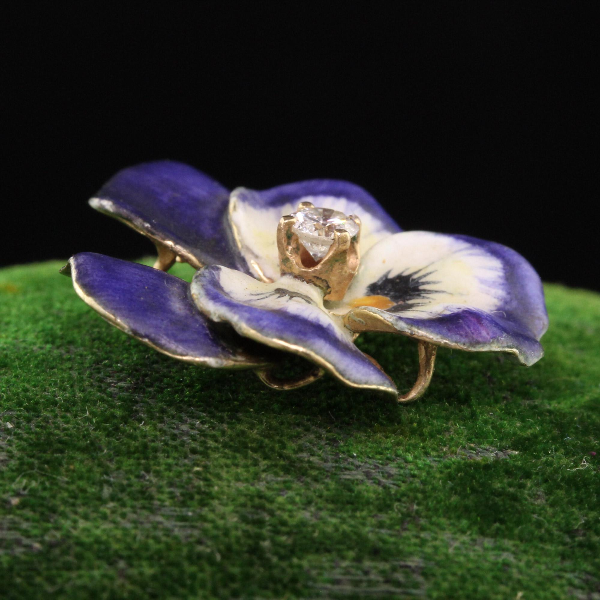 Pansy-Anhänger aus 18 Karat Gelbgold mit Diamant und Emaille im alten Minenschliff (Alteuropäischer Brillantschliff)