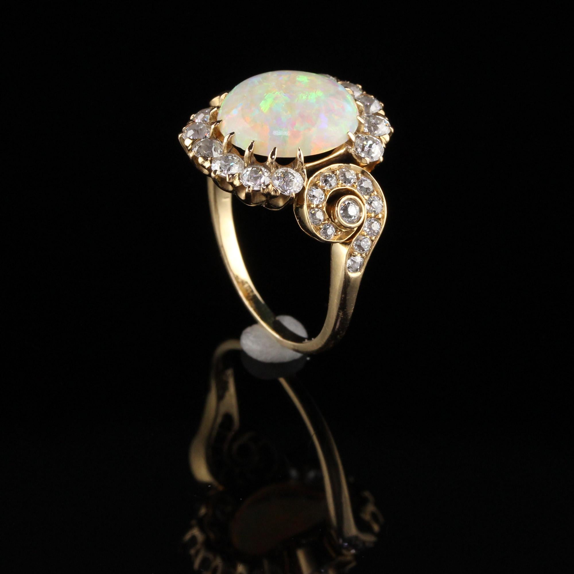 Women's or Men's Antique Victorian 18 Karat Yellow Gold Old Mine Diamond and Opal Ring