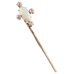 Antique Victorian 18K Yellow Gold Old Mine Diamond and Opal Stickpin