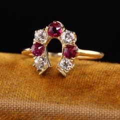 Antique Victorian 18K Yellow Gold Old Mine Diamond and Ruby Horseshoe Ring