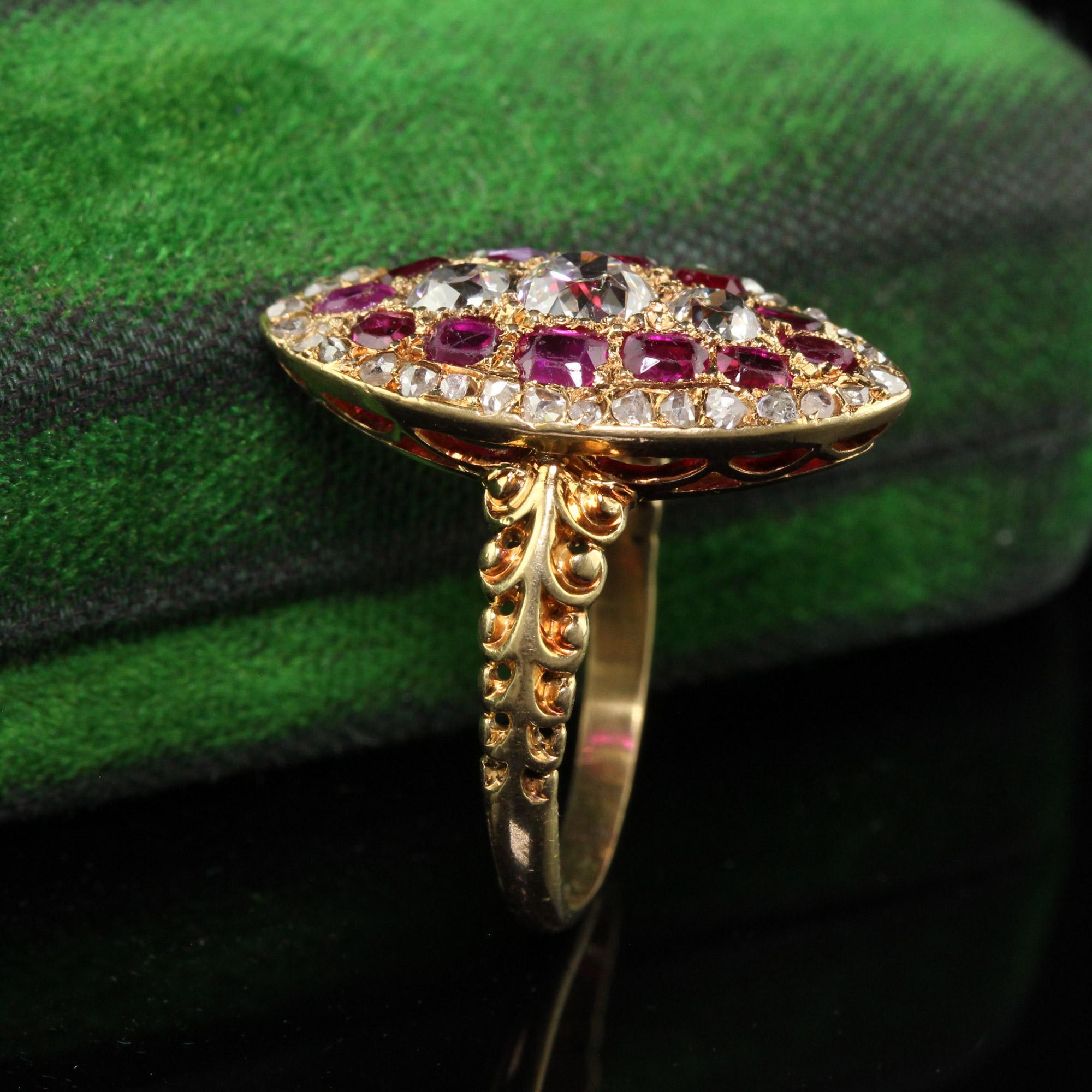 Old Mine Cut Antique Victorian 18K Yellow Gold Old Mine Diamond and Ruby Navette Ring