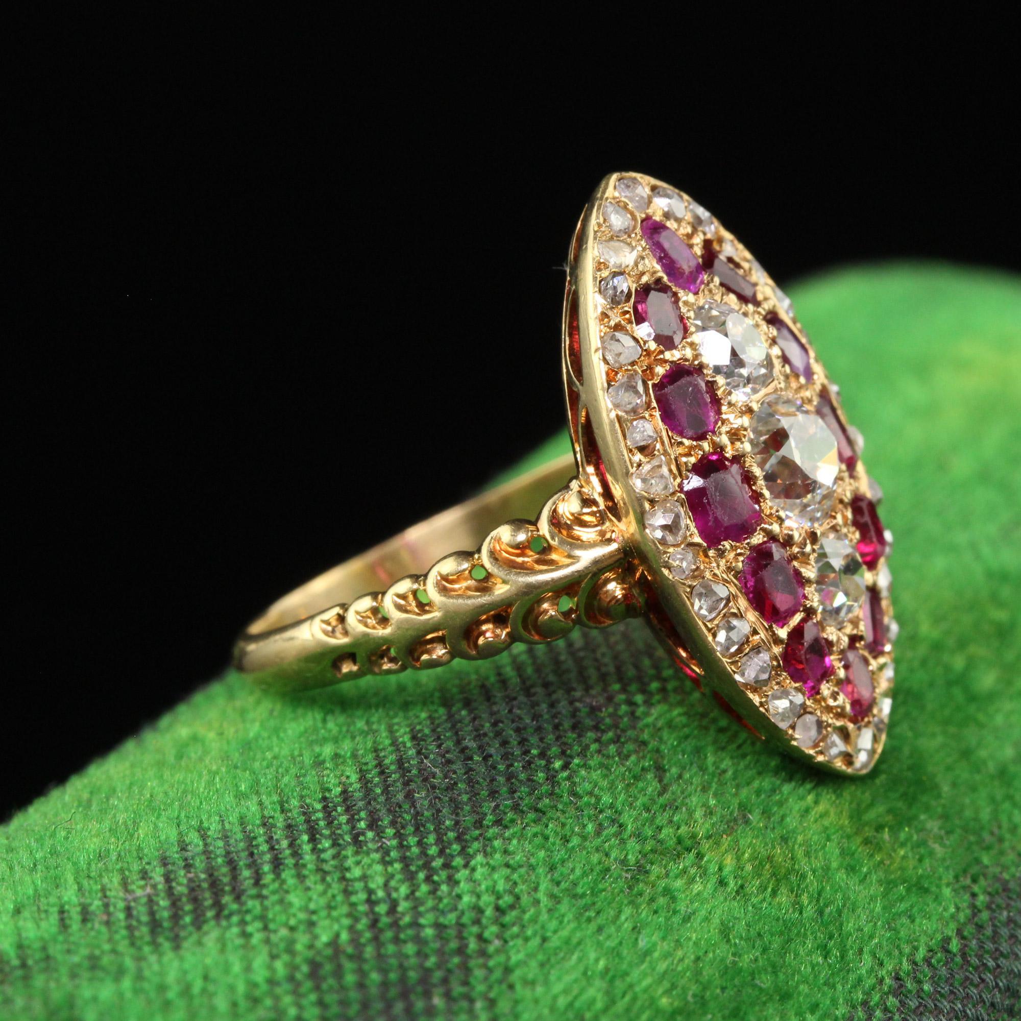 Antique Victorian 18K Yellow Gold Old Mine Diamond and Ruby Navette Ring In Good Condition In Great Neck, NY