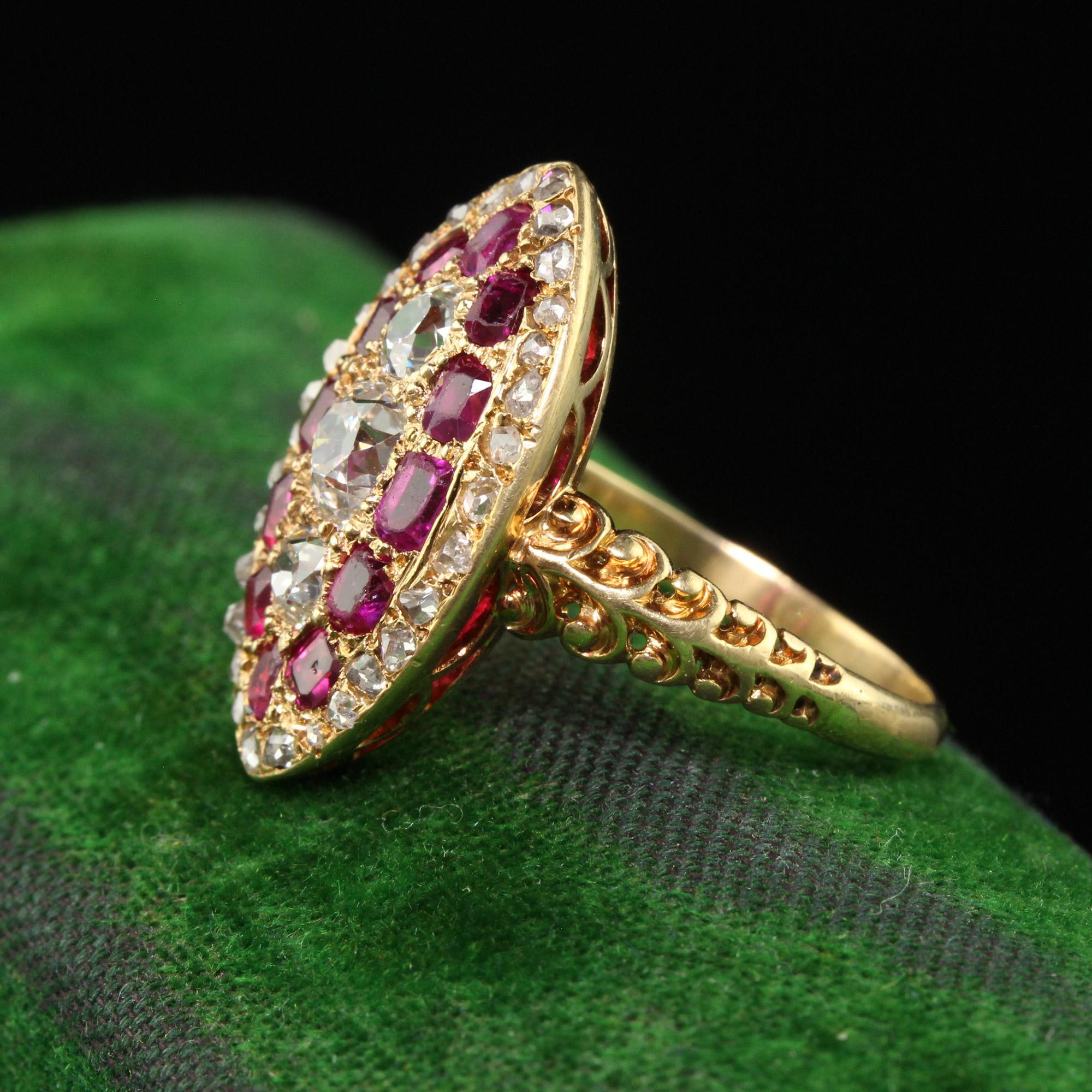 Women's Antique Victorian 18K Yellow Gold Old Mine Diamond and Ruby Navette Ring