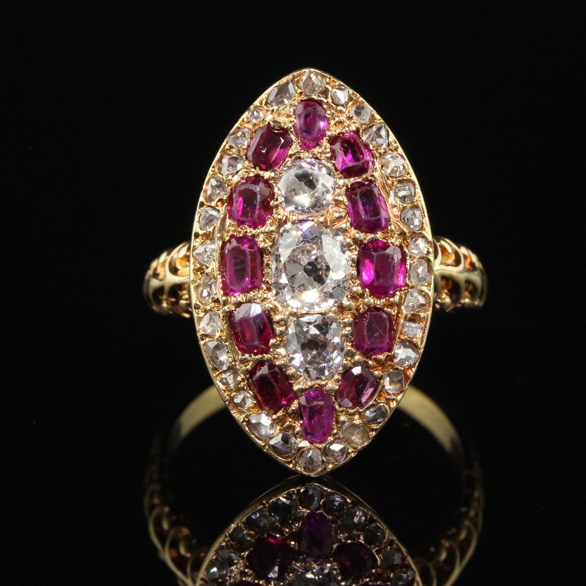 Antique Victorian 18K Yellow Gold Old Mine Diamond and Ruby Navette Ring 1