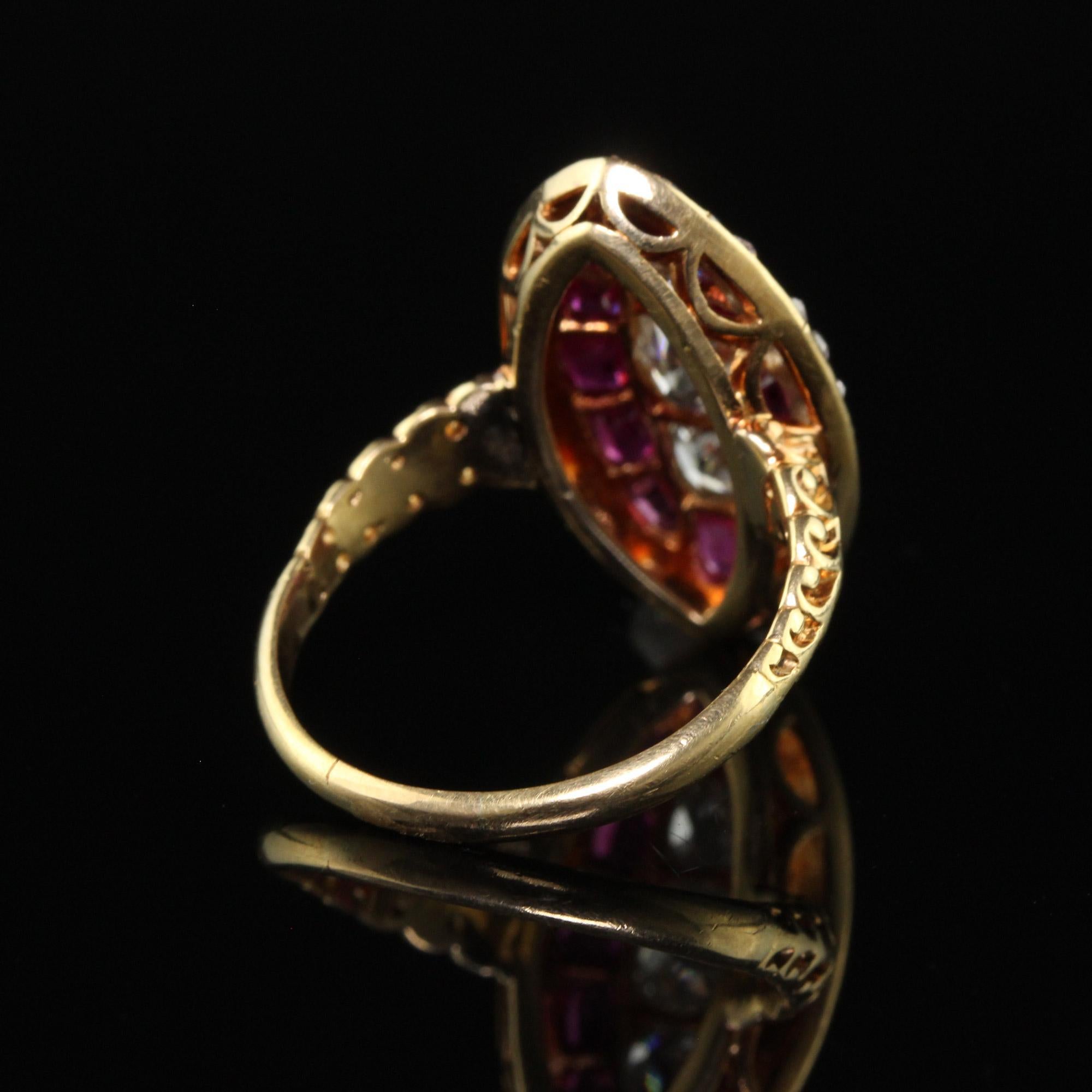 Antique Victorian 18K Yellow Gold Old Mine Diamond and Ruby Navette Ring 2