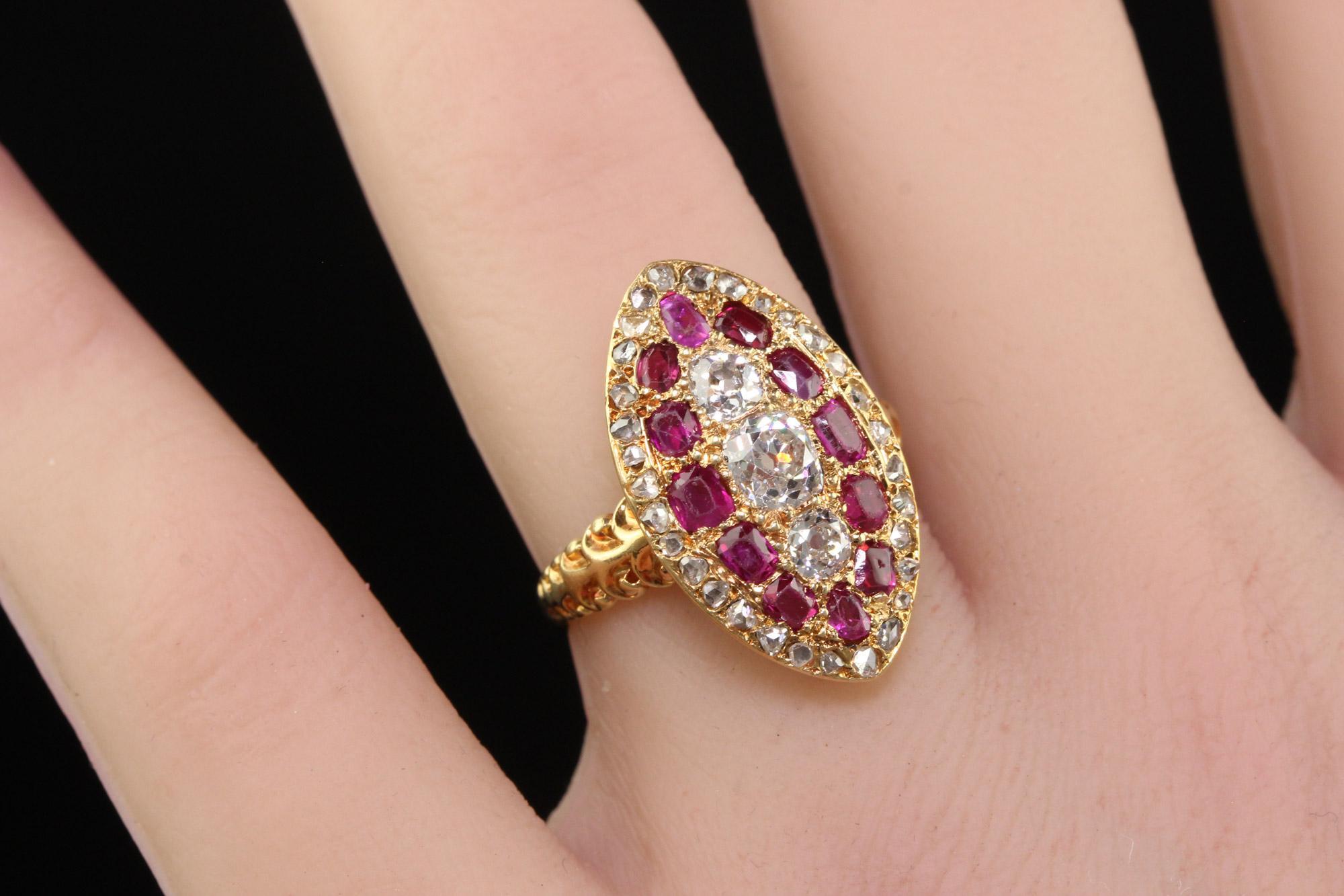 Antique Victorian 18K Yellow Gold Old Mine Diamond and Ruby Navette Ring 4