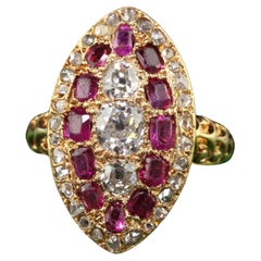 Antique Victorian 18K Yellow Gold Old Mine Diamond and Ruby Navette Ring