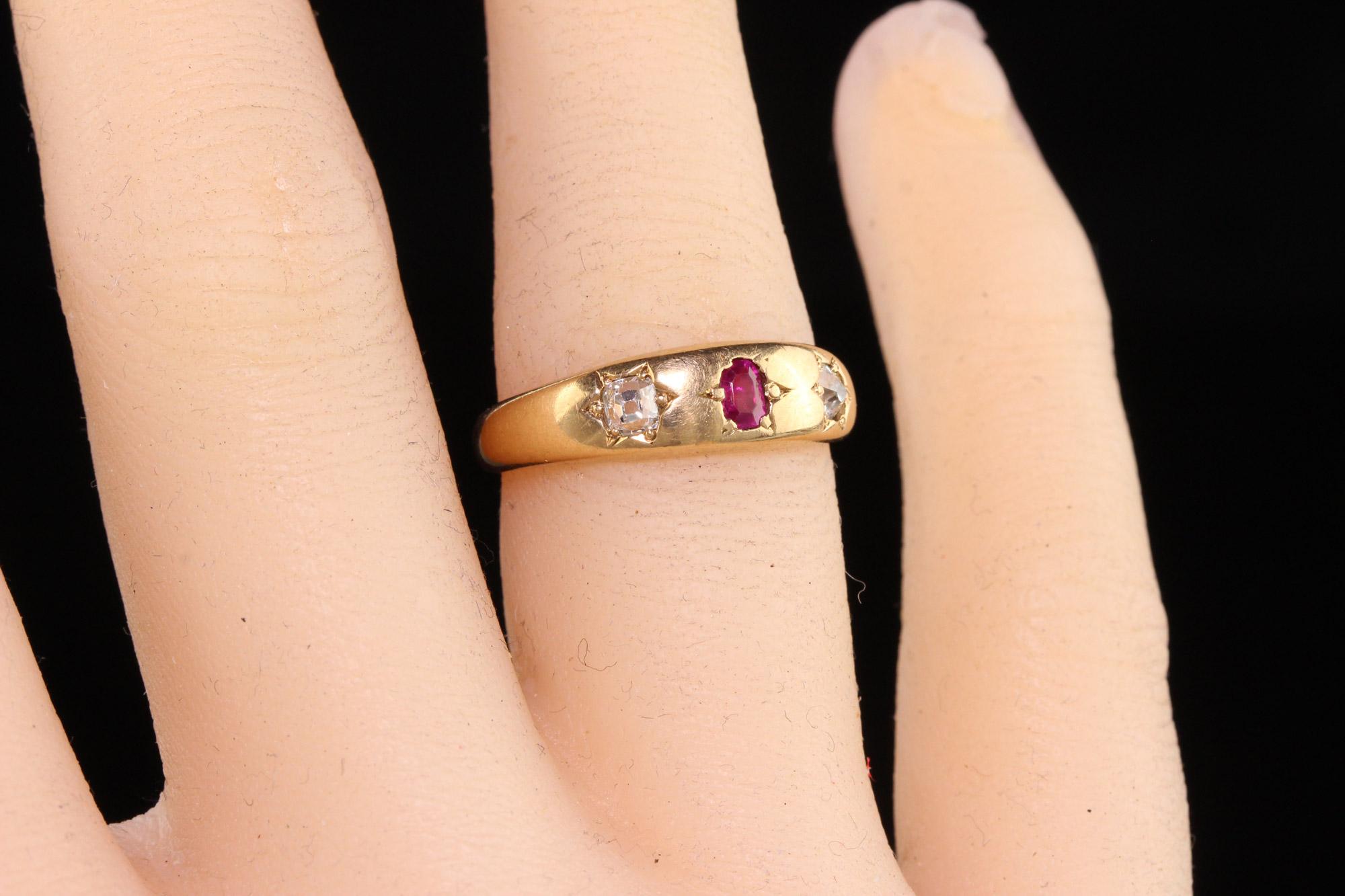 Antique Victorian 18k Yellow Gold Old Mine Diamond and Ruby Three Stone Ring 2