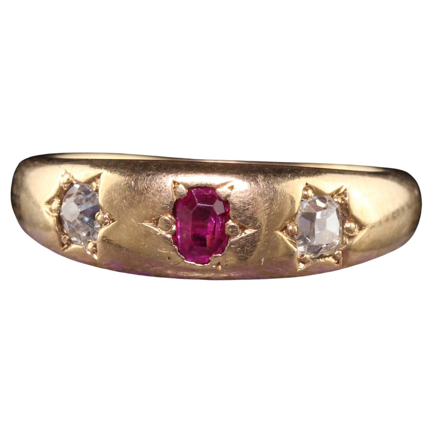 Antique Victorian 18k Yellow Gold Old Mine Diamond and Ruby Three Stone Ring For Sale