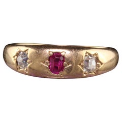 Antique Victorian 18k Yellow Gold Old Mine Diamond and Ruby Three Stone Ring