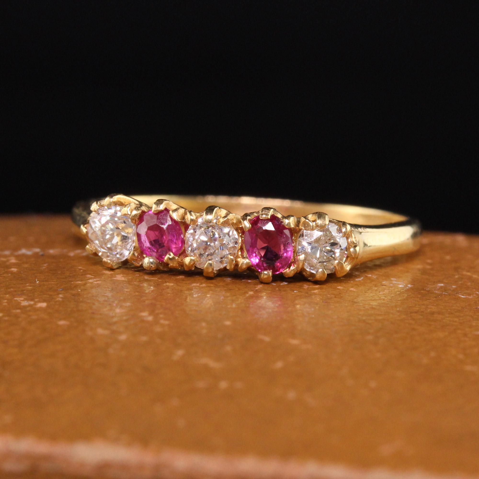 Beautiful Antique Victorian 18K Yellow Gold Old Mine Diamond and Ruby Wedding Band. This amazing Victorian wedding band is crafted in 18K yellow gold and has old mine cut diamonds and rubies on the top.

Item #R1196

Metal: 18K Yellow Gold

Weight:
