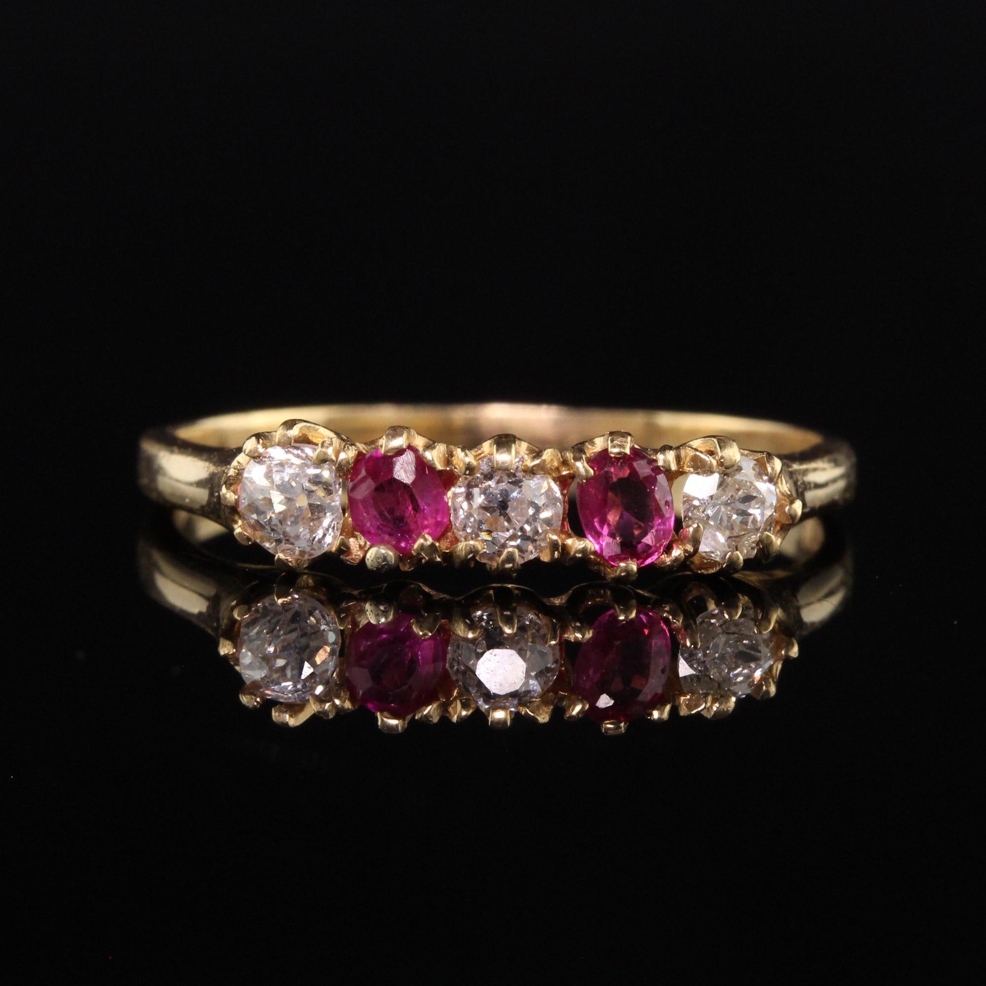 Antique Victorian 18K Yellow Gold Old Mine Diamond and Ruby Wedding Band In Good Condition In Great Neck, NY
