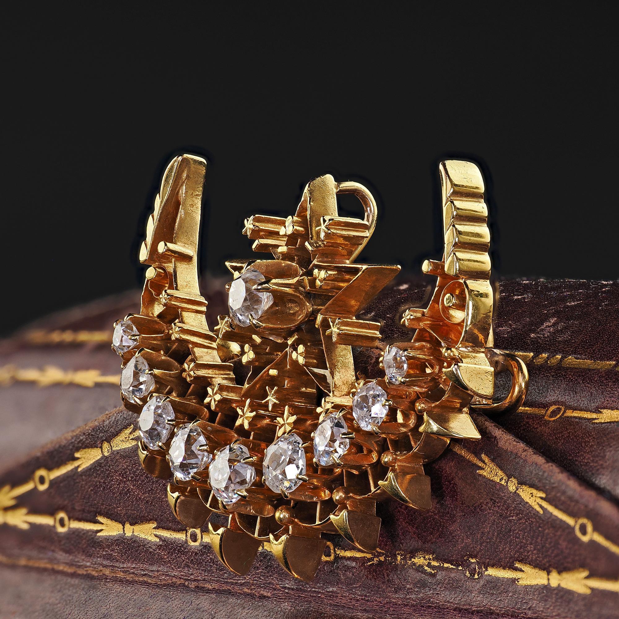 Antique Victorian 18K Yellow Gold Old Mine Diamond Celestial Crescent Pin Brooch 5