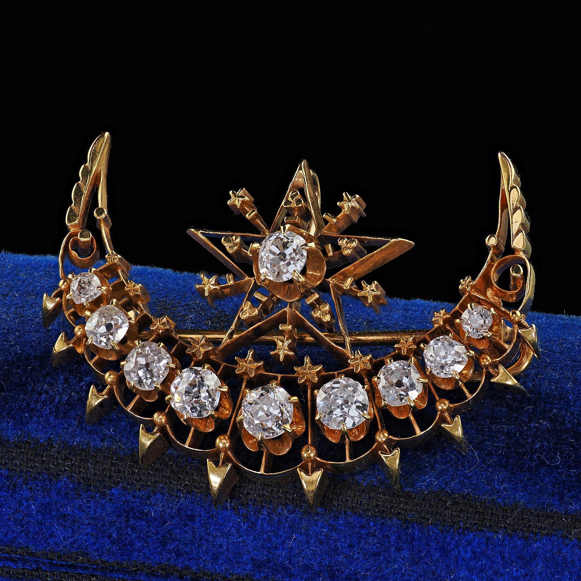 Antique Victorian 18K Yellow Gold Old Mine Diamond Celestial Crescent Pin Brooch 6