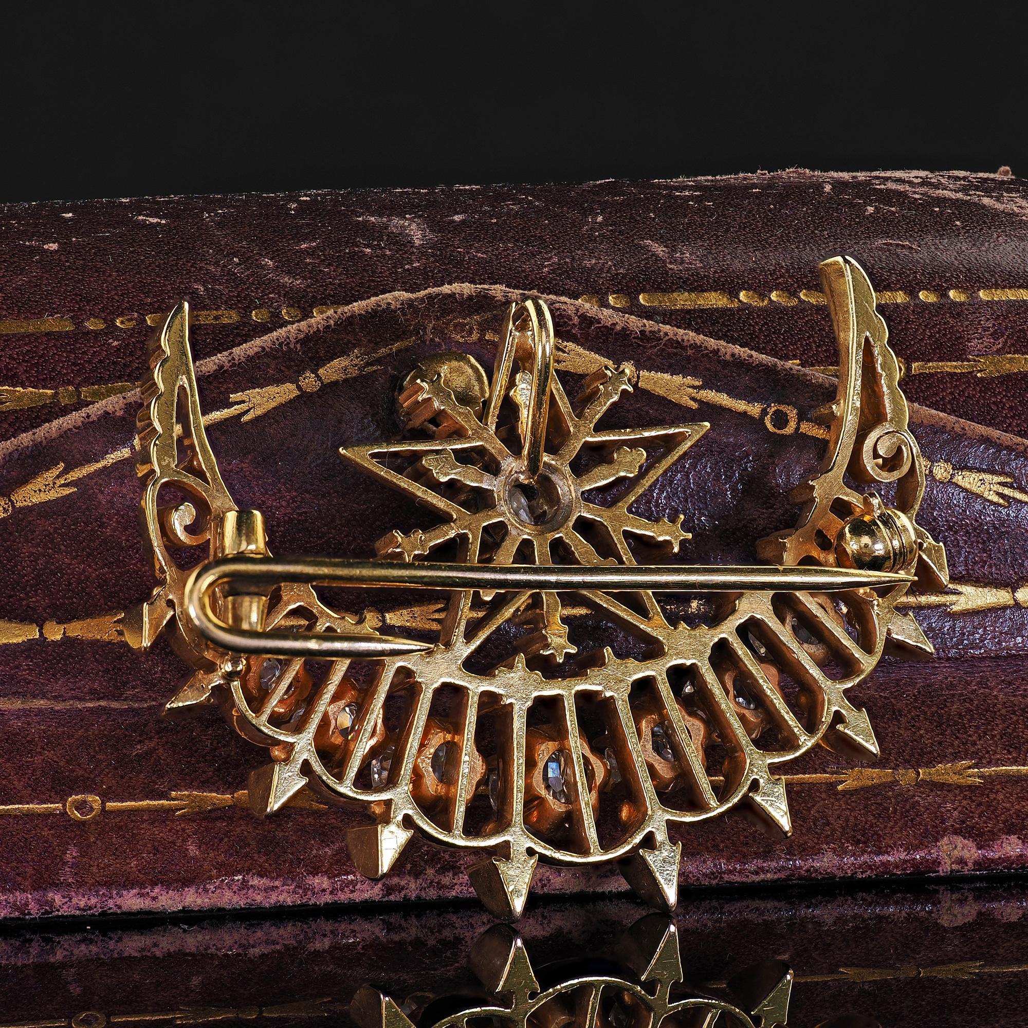 Old Mine Cut Antique Victorian 18K Yellow Gold Old Mine Diamond Celestial Crescent Pin Brooch