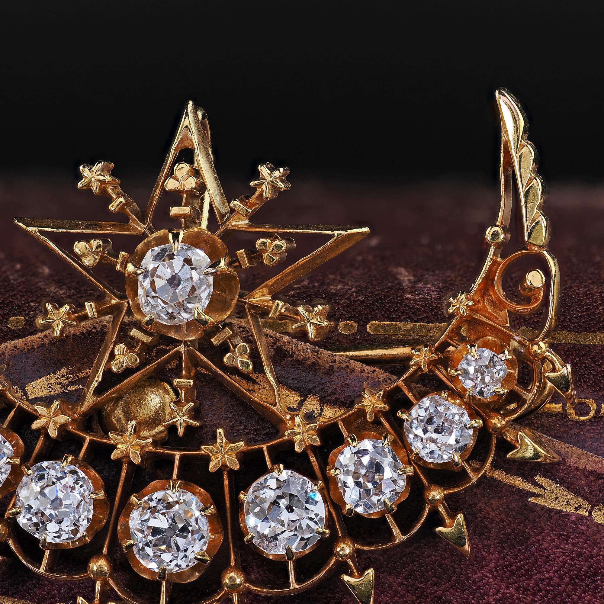Women's Antique Victorian 18K Yellow Gold Old Mine Diamond Celestial Crescent Pin Brooch