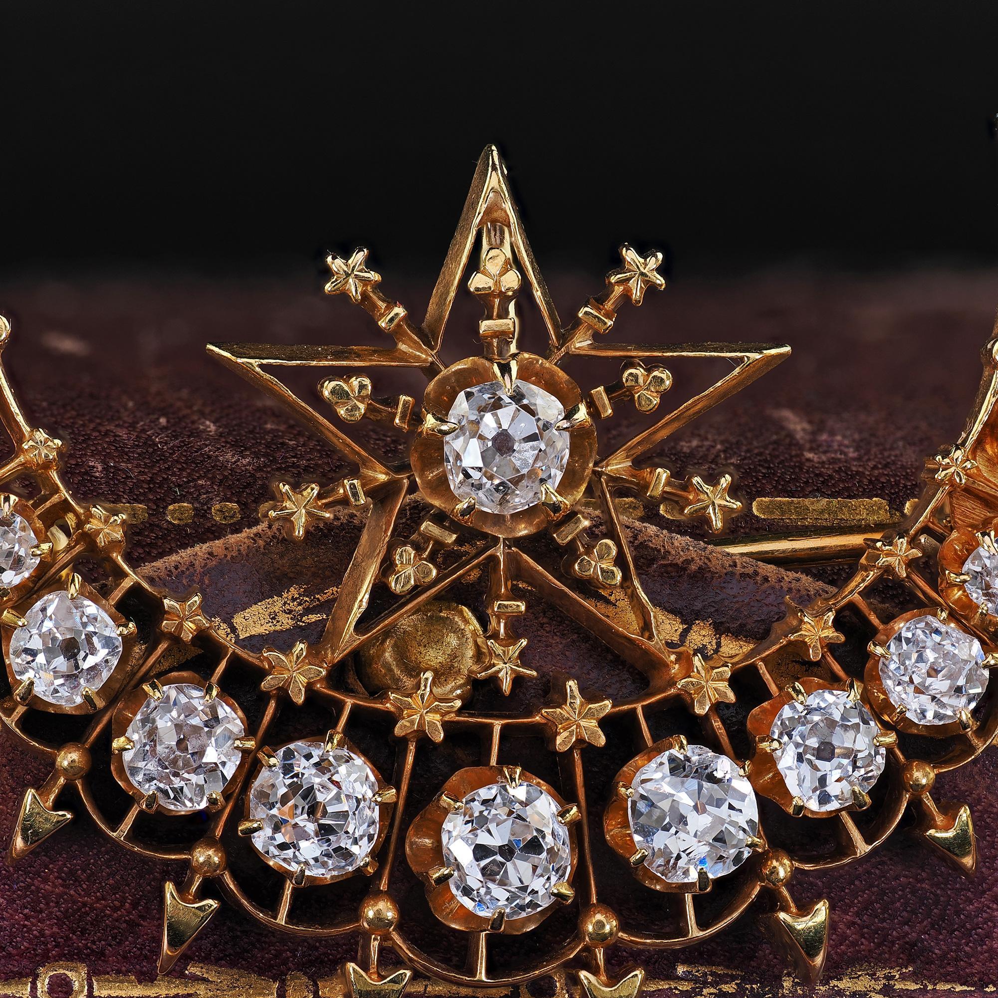 Antique Victorian 18K Yellow Gold Old Mine Diamond Celestial Crescent Pin Brooch 1
