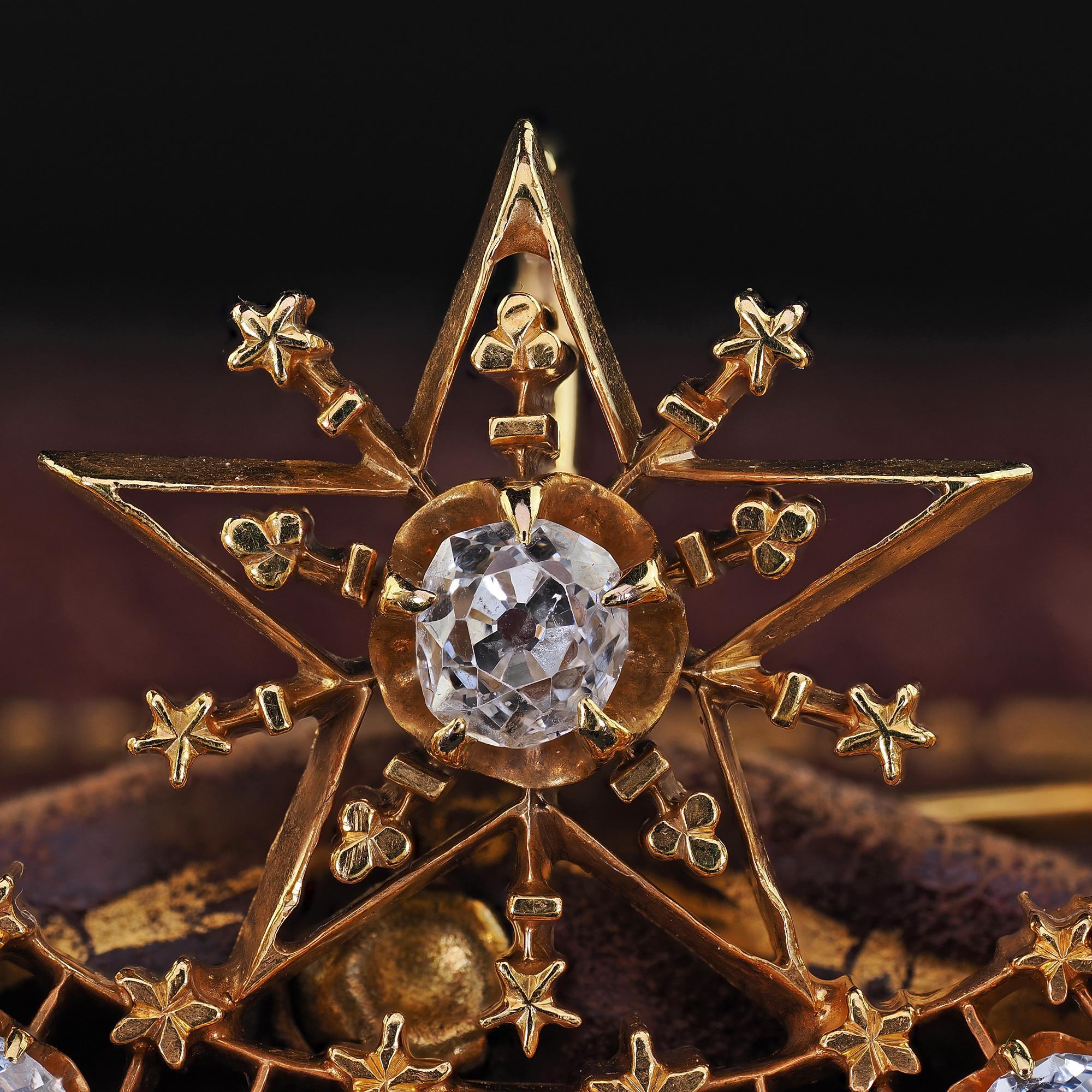 Antique Victorian 18K Yellow Gold Old Mine Diamond Celestial Crescent Pin Brooch 2