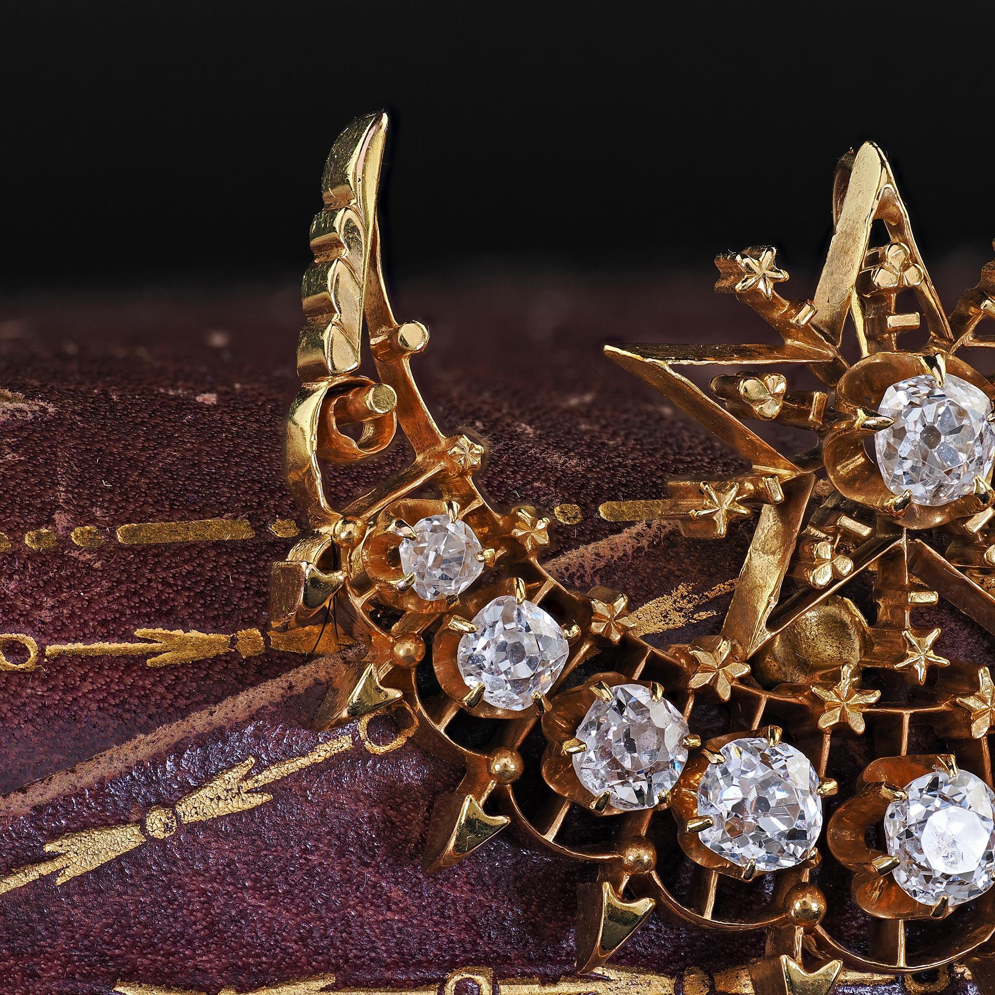 Antique Victorian 18K Yellow Gold Old Mine Diamond Celestial Crescent Pin Brooch 3
