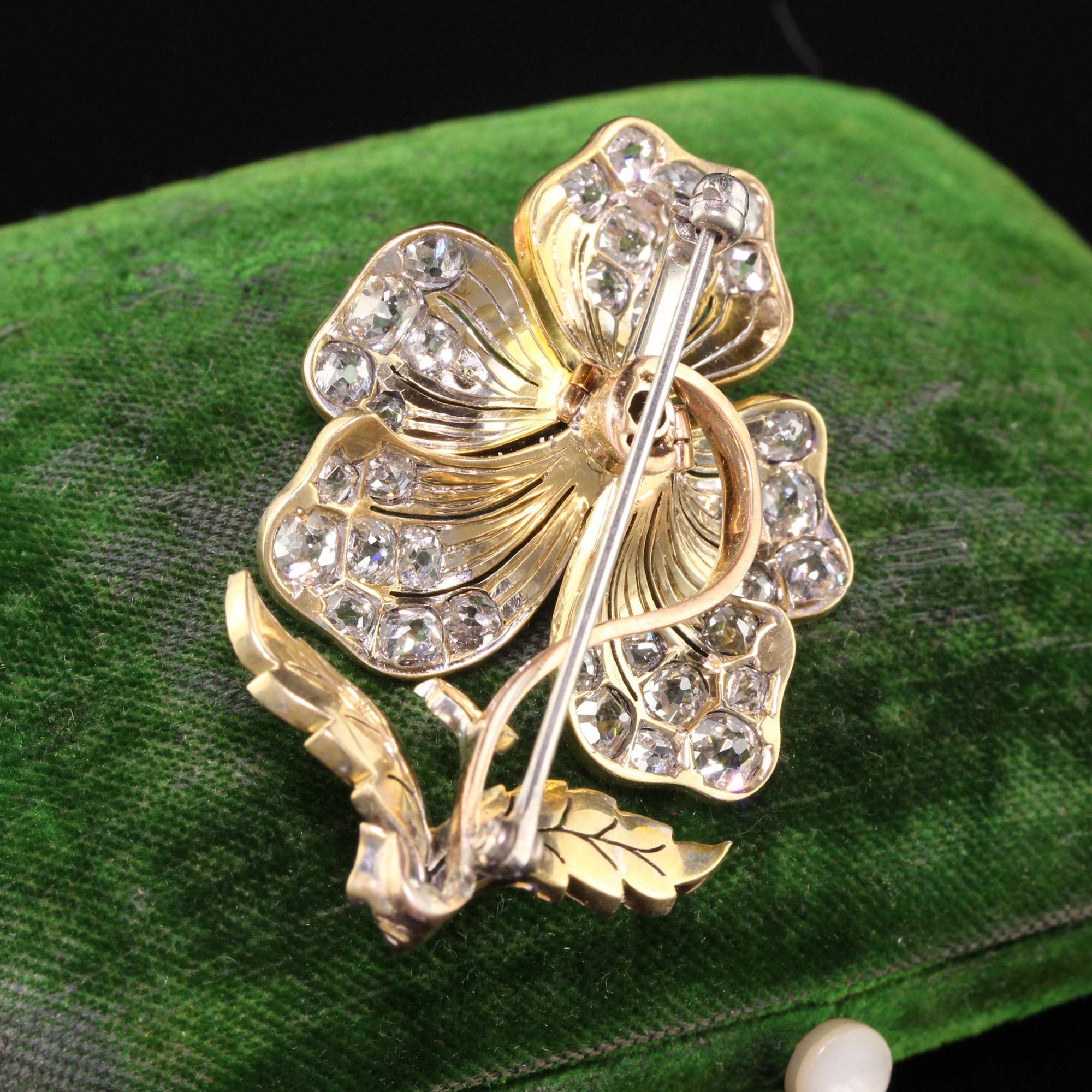 Antique Victorian 18k Yellow Gold Old Mine Diamond En Tremblant Flower Pin In Good Condition For Sale In Great Neck, NY