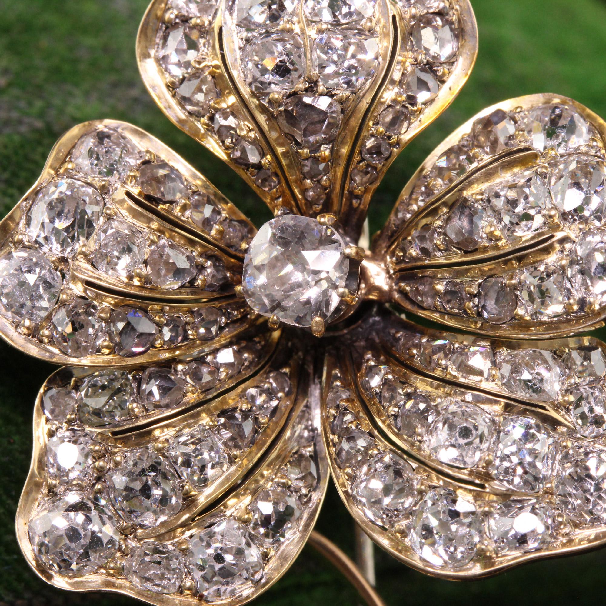 Women's or Men's Antique Victorian 18k Yellow Gold Old Mine Diamond En Tremblant Flower Pin For Sale