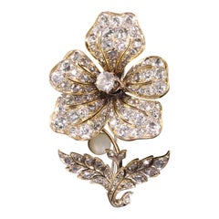 Antique Victorian 18k Yellow Gold Old Mine Diamond En Tremblant Flower Pin