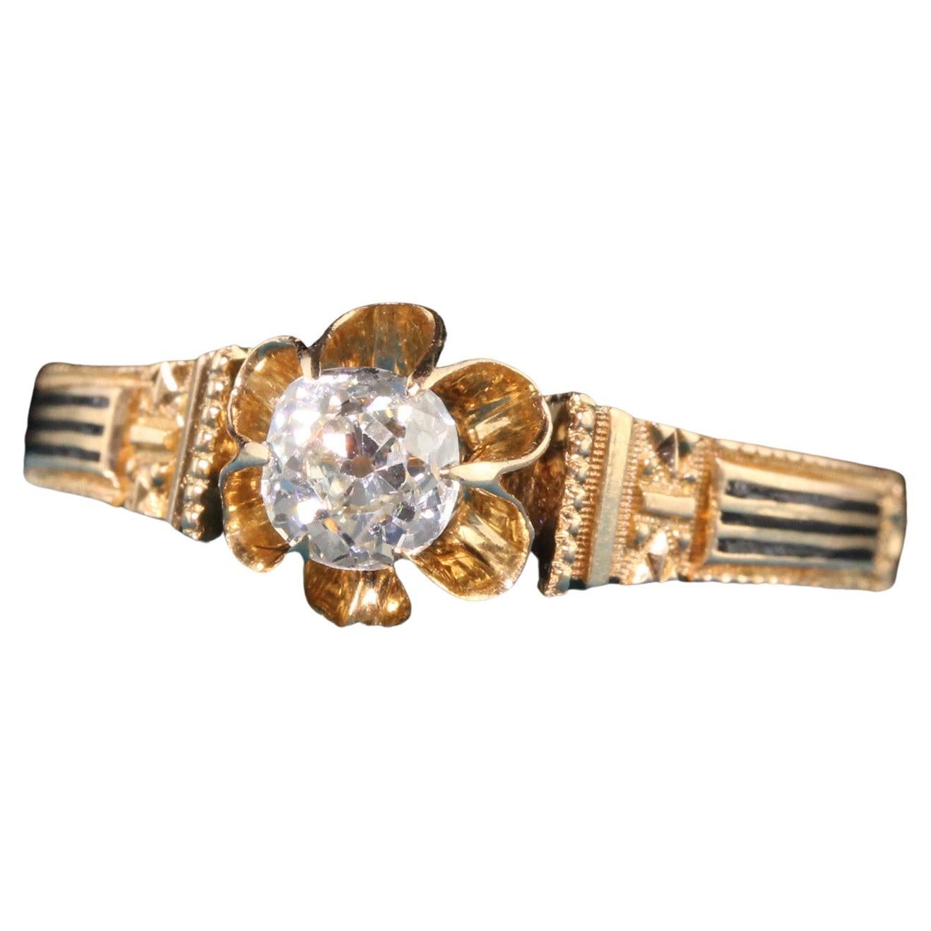 Antique Victorian 18k Yellow Gold Old Mine Diamond Enamel Engagement Ring