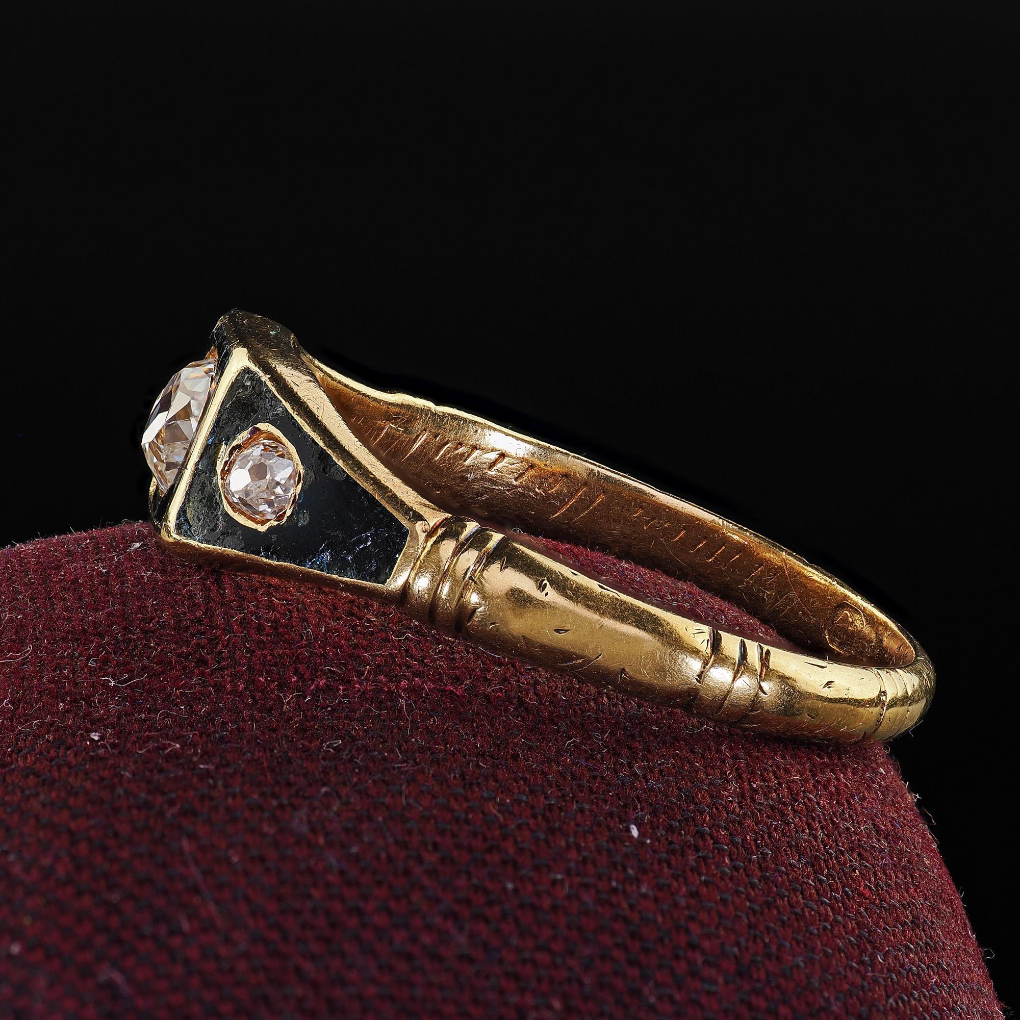 Women's Antique Victorian 18K Yellow Gold Old Mine Diamond Enamel Three Stone Ring