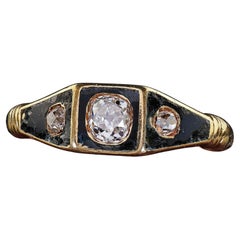 Antique Victorian 18K Yellow Gold Old Mine Diamond Enamel Three Stone Ring
